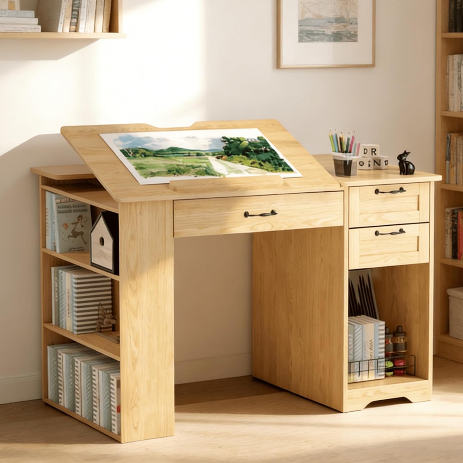 Crafting Table with Storage Cabinet & Drawers, Adjustable Drafting Table with Open Shelves, Drawing Computer Desk, Painting Desk, Workstation for Home Office Reading, Writing, Craftin