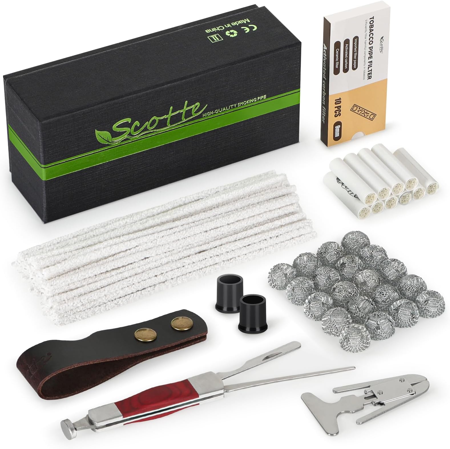 Pipe Accessories Kit, 50 Pipe Cleaners, 20 Metal Balls, 10 Pipe Filters(9mm), 3 in 1 Pipe Scraper, Leather Pipe Stand Holder, 2 Pipe Bits, 1 Pipe Reamer, Complete Pipe Tools with Gift Box