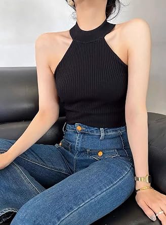 Women's Halter Neck Ribbed Knit Top Sleeveless Fitted for Spring Fall