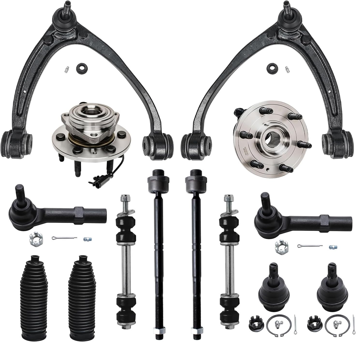 Detroit Axle - 4WD Front 14pc Suspension Kit for Silverado Sierra Yukon XL Suburban 1500 Tahoe Escalade ESV EXT, Wheel Bearing Hubs Control Arms Sway Bars Lower Ball Joint Tie Rods Boots Replacement