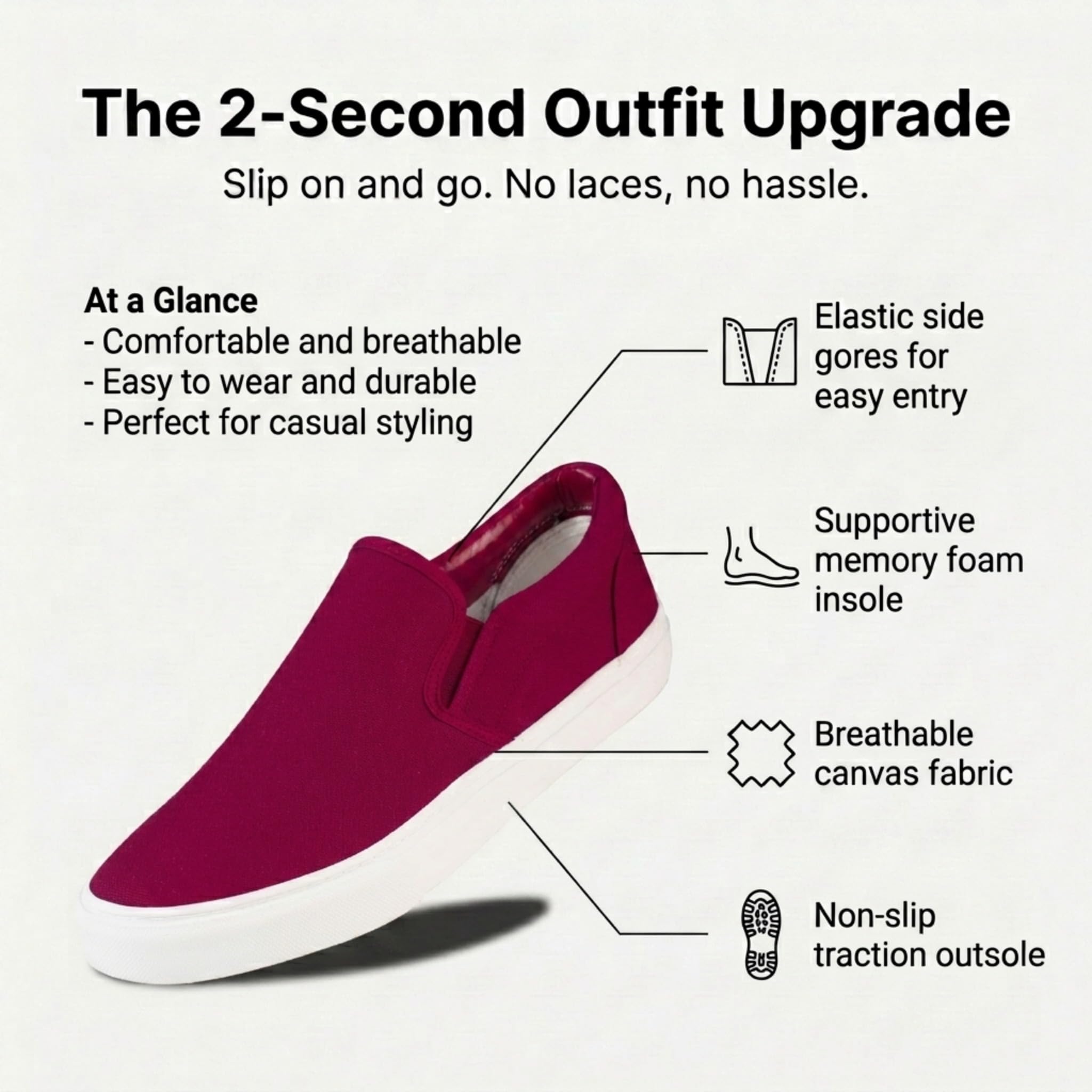 hello basics Men's Canvas Slip On Shoes for Men, Laceless Low Top Sneakers Mens Slip On Sneakers (Maroon, 10)