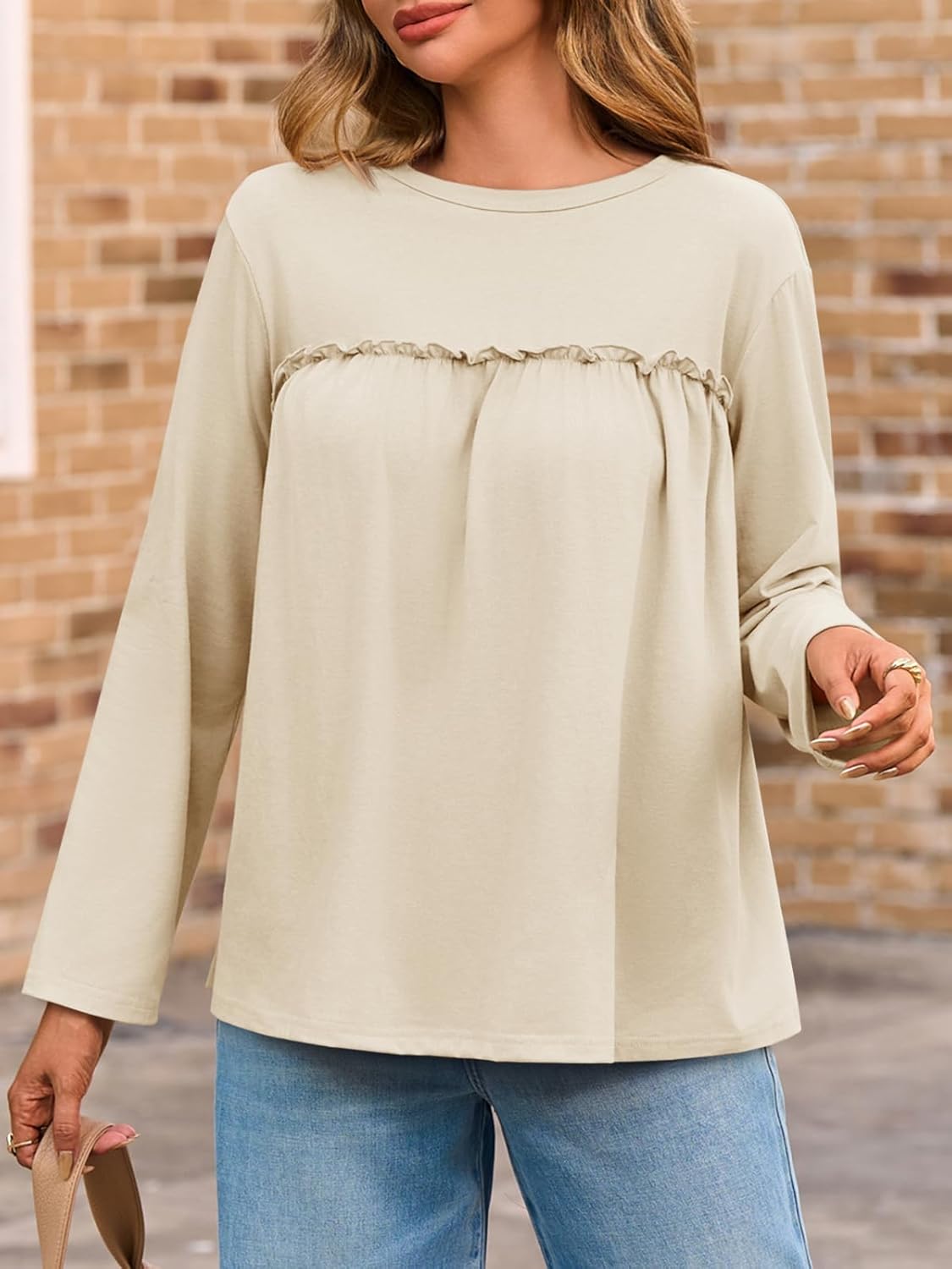 Cicy Bell Womens Babydoll Tunic Tops Pleated Long Sleeve Crew Neck Peplum Shirts Casual Loose Fit Flowy Blouse - Image 3