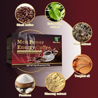 Maca Coffee for Men, Herbal Energy Coffee with Tongkat Ali, 20 Sachets | Instant Black Coffee Blend with Maca, Tongkat Ali, Ginseng & Epimedium