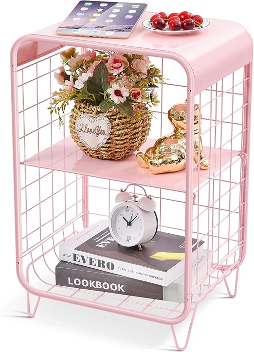 APEXCHASER Cute Kids Pink Nightstand,Metal Side Table,3 Tier End Table with Storage,Vintage Bedside Table,Girls Bedroom Furniture for Living Room,Bedroom,Dorm