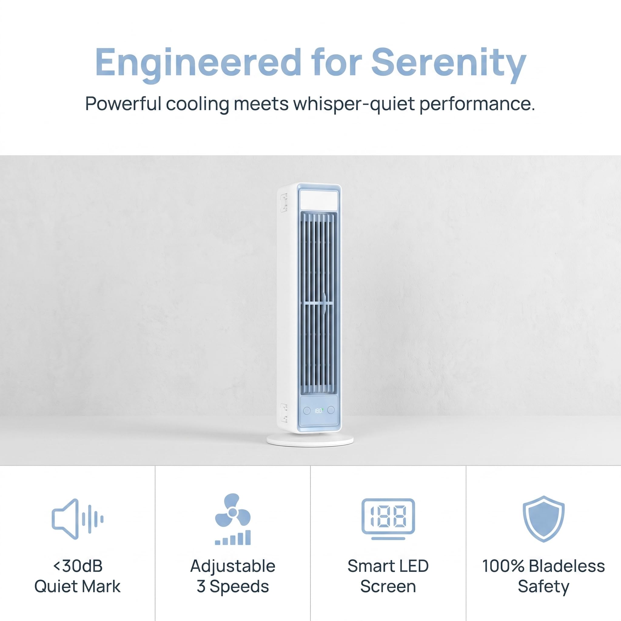 Ventilatore a Torre Silenzioso, Raffreddamento Potente 8 m/s, Telecomando Omni, Ventilatore Oscillante 48.8° con Display LED e 5 Velocità, 60% di Risparmio Energetico, per Casa e Camera