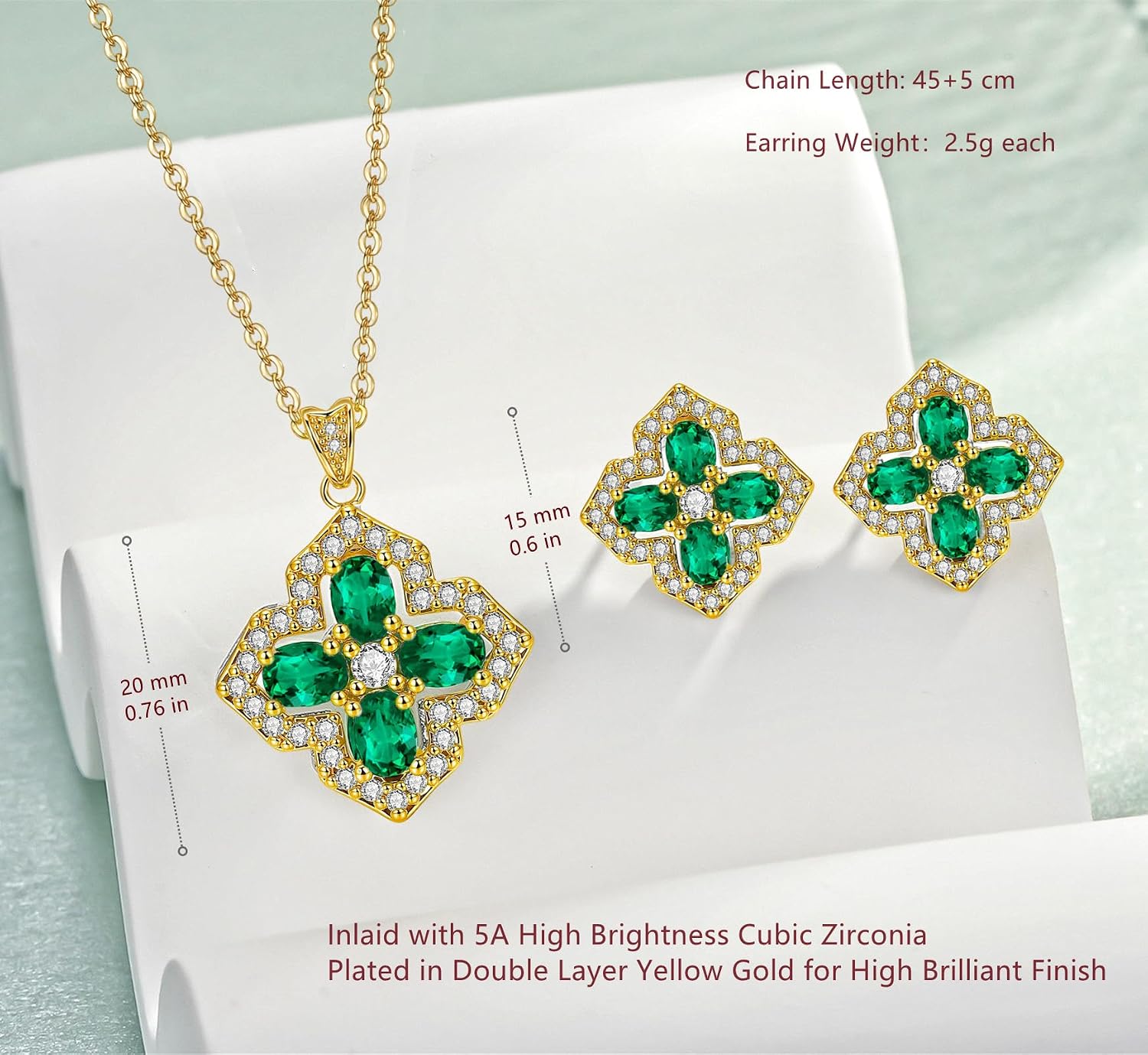 VONSSY Four Leaf Clover Necklace Earrings Shamrock Irish ST Patricks Jewelry Set Gift Green Emerald Zircon Crystal Stud 18k Gold Plated Chain Saint Pendant for Woman Wife Girlfriend