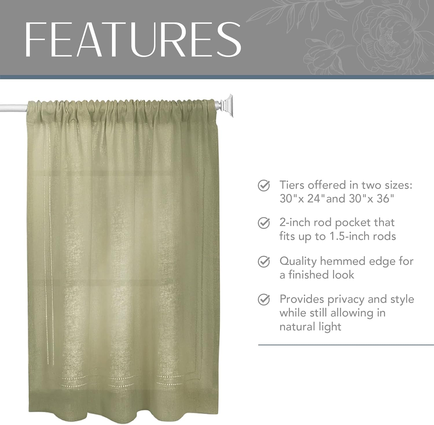 Elrene Home Fashions Cameron Linen Tier Curtains, 30" W x 24" L Each (Set of 2 Tiers), Sage Green
