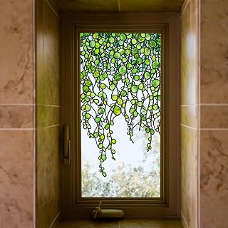 funlife Original Hand-Drawn Faux Stained Glass Window Film, Double-Sided Static Cling Window Clings, Spring Green Pearl Vine Glass Window Hanging Cling Decorative Window Film, 12.99"x22.83"