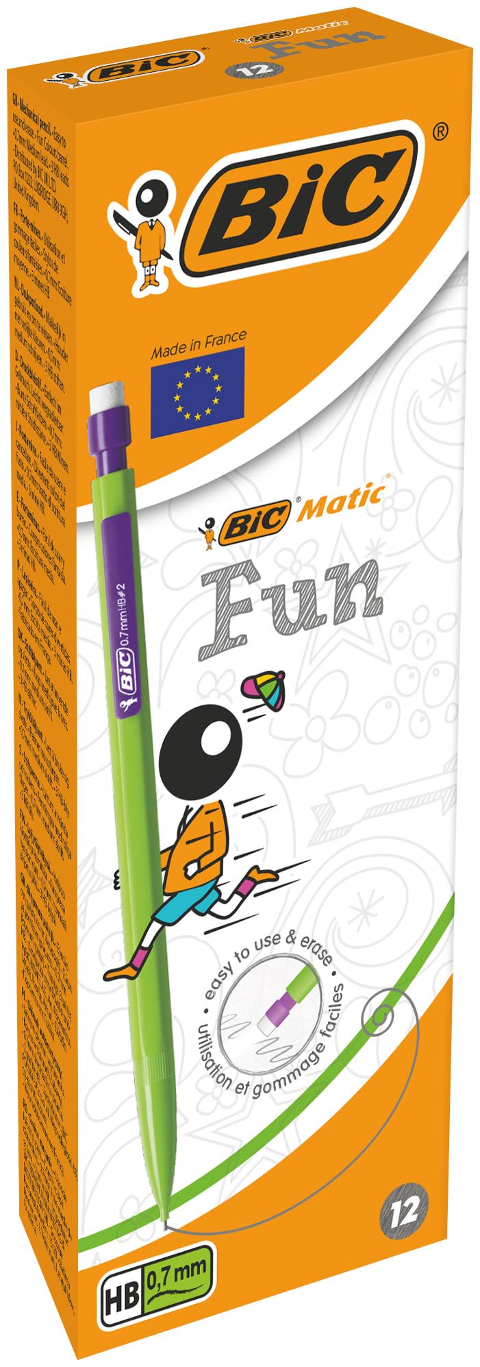 BIC Matic Fun Matite Grafite HB a Scatto con Gomma, Confezione da 12, Cancelleria