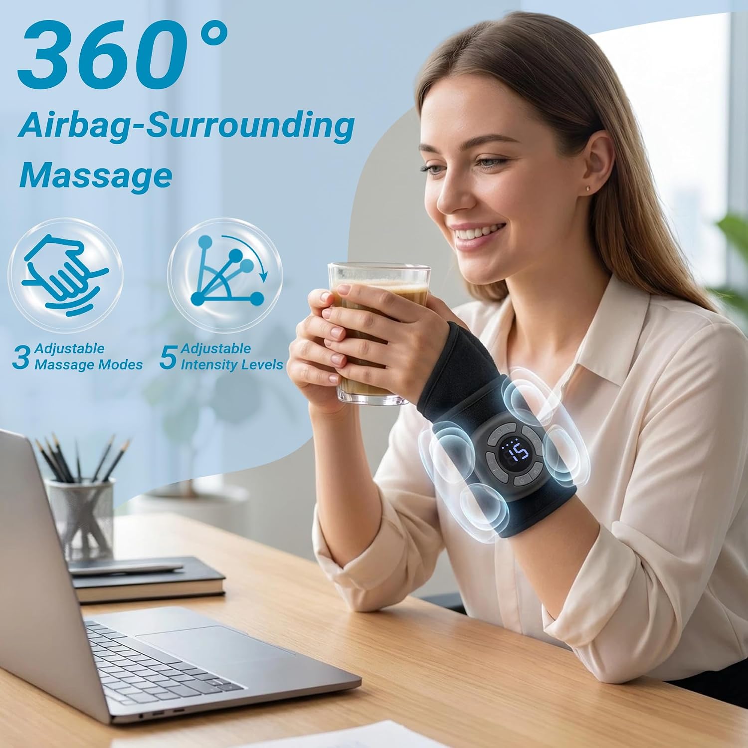 Air Compression Wrist Massager with Heat & Vibration, Cordless Portable Hand Massager with Multiple Modes Intensity Levels for Office Workers, Gamers (Can Be Used with Both Hands)