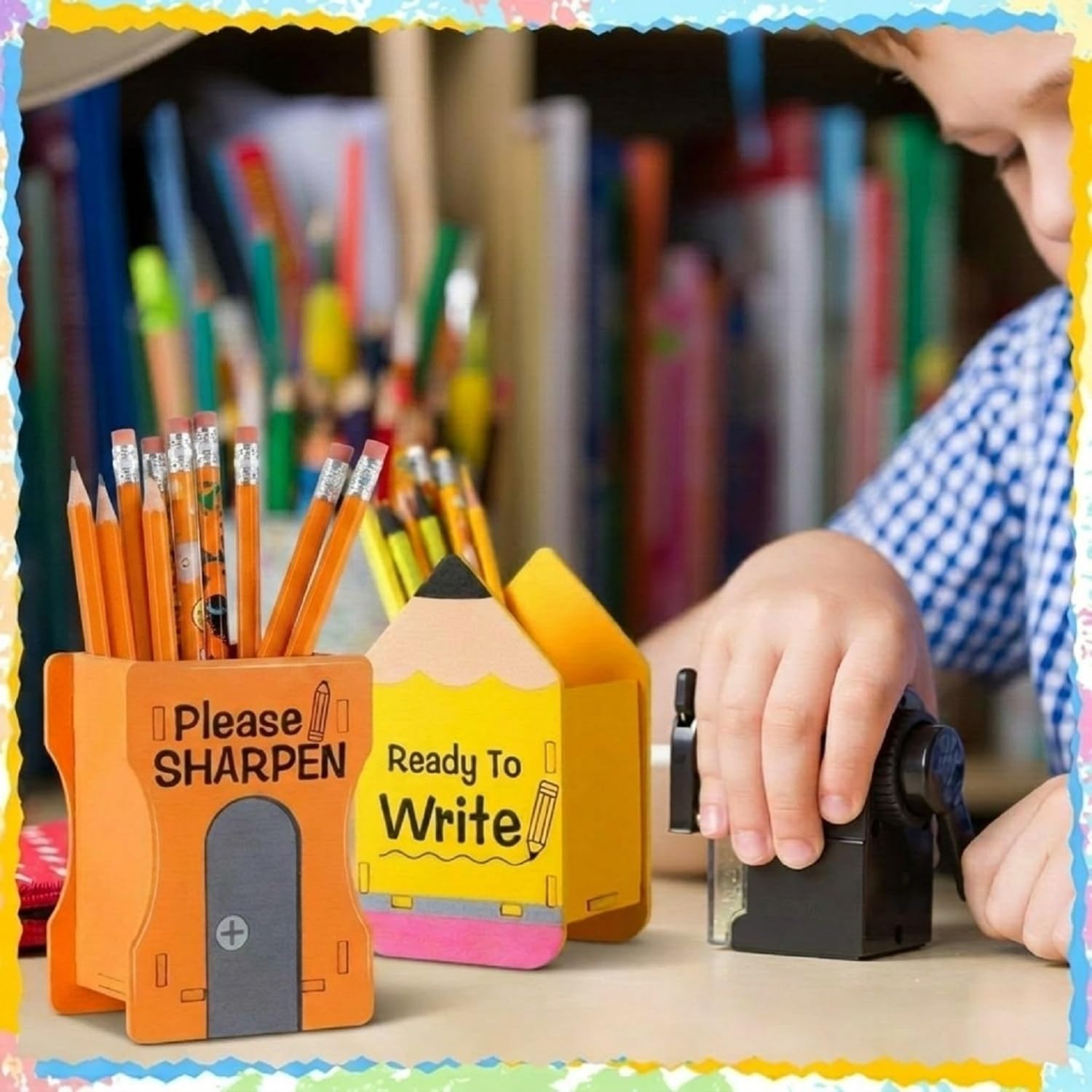 Sherr 2 Pcs Wood Pencil Holder Desk, Pencil and Sharpener, Yellow and Orange image 5
