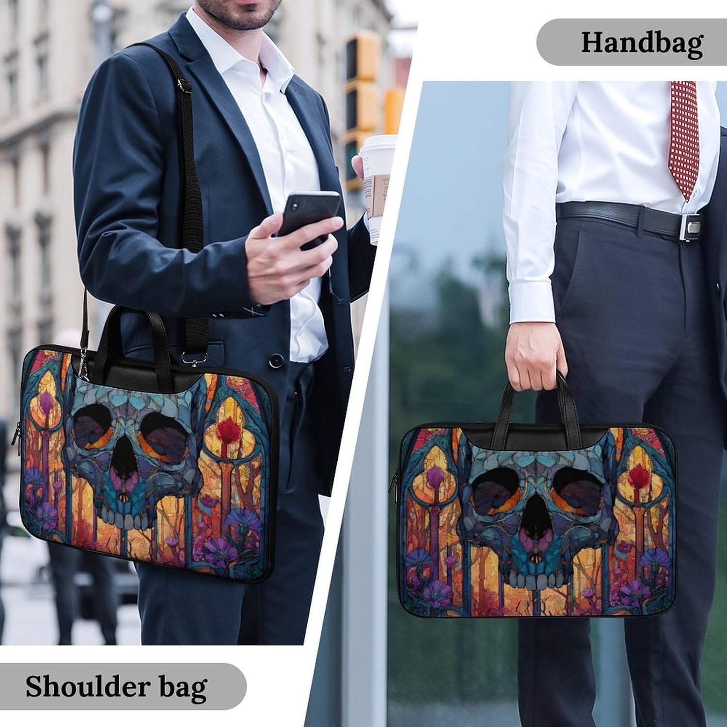 Skull Stained Glass Window Leather Laptop Bag Handheld Slim Computer Bags Business Briefcase
