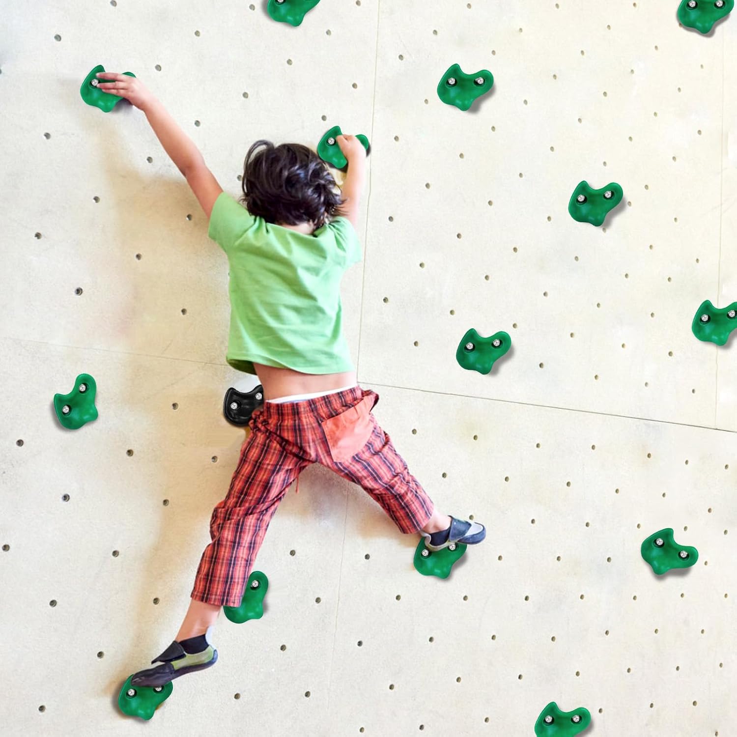 20PCS Rock Climbing Holds,Rock Climbing Wall for Kids, Extra Large Size Climbing Rock Wall Grips with Mounting Hardware and Wrench for Indoor Outdoor Playground,Installed on Wooden Board, Green Black