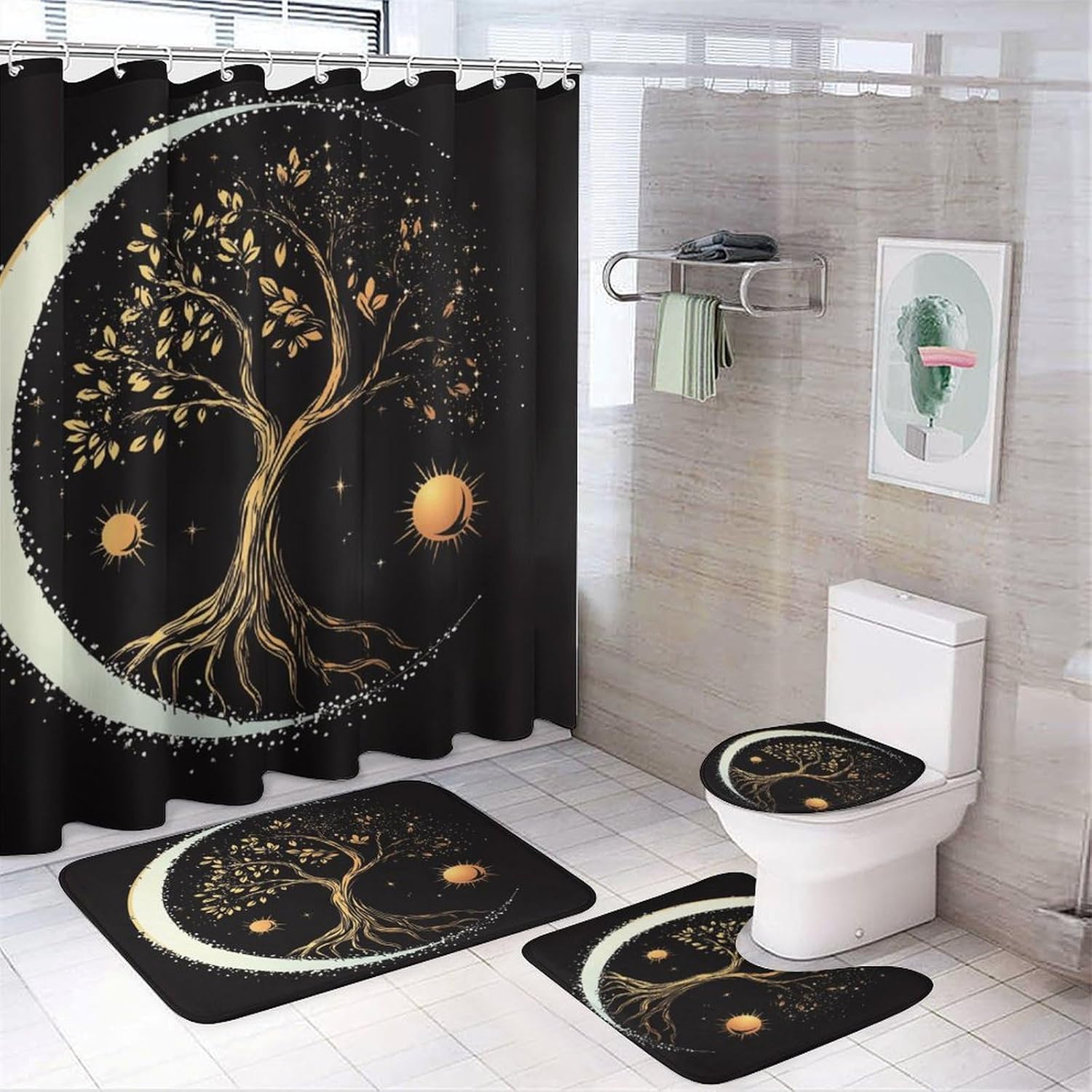 4pcs Golden Sun Shower Curtain Set with Rugs, Toilet Lid Cover and Bath Mat, Tree of Life Moon Bathroom Curtains Decor Shower Curtains, 72" X 72"