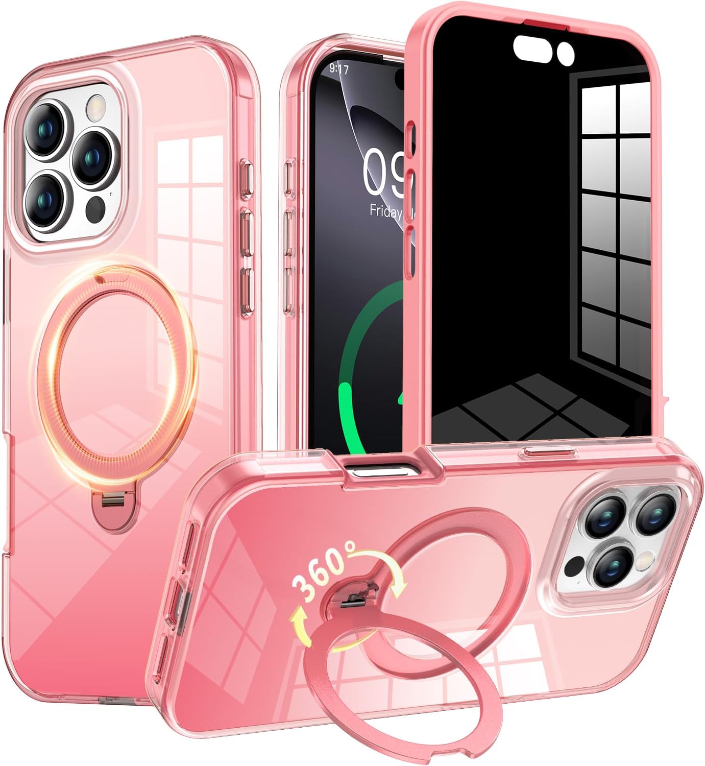 Privacy Case for iPhone 16 Pro Max with 360° Spin Magnetic Stand Pink