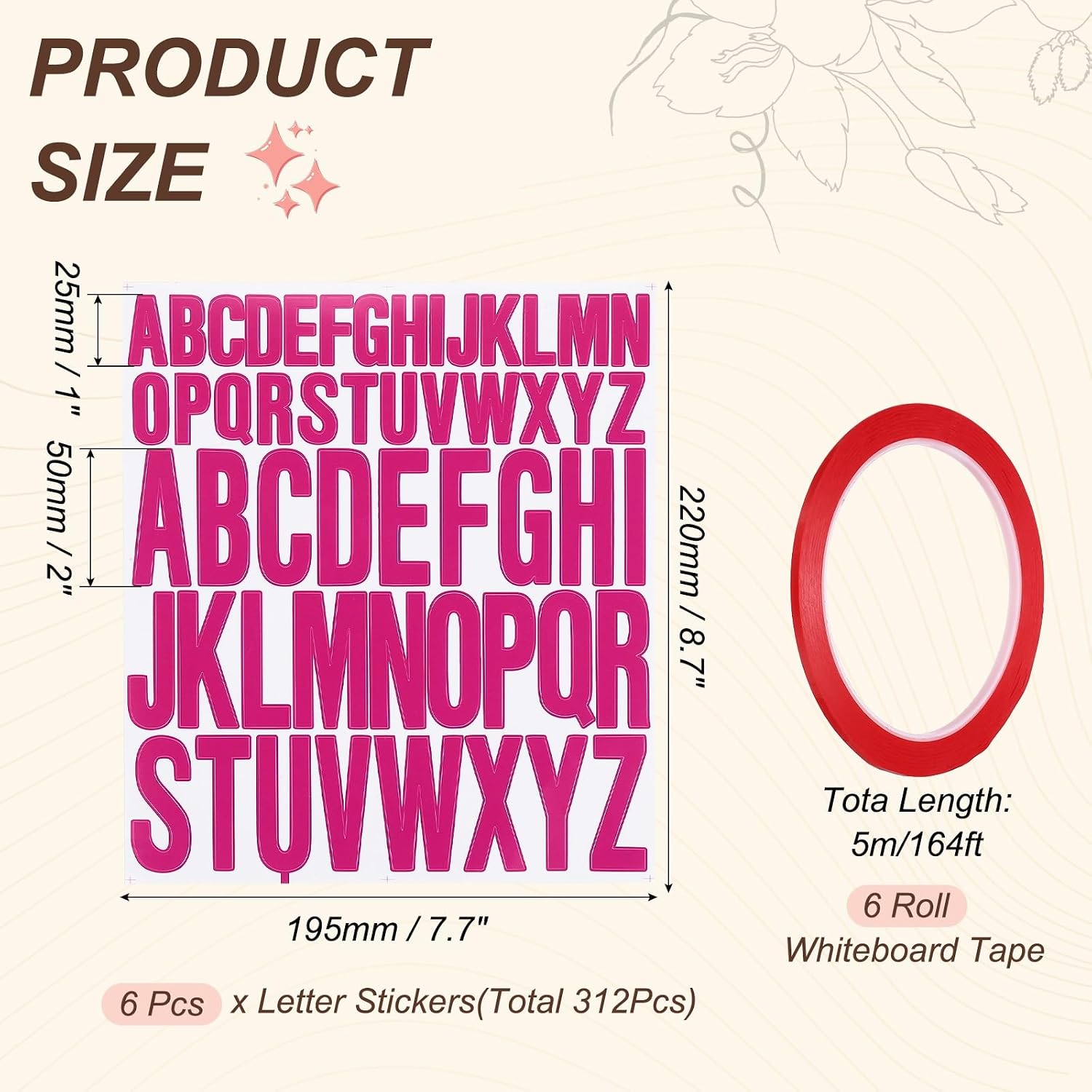 PATIKIL 312Pcs 2+1" Rose Red Letter Stickers with 6 Roll 1/8" 164ft Whiteboard Tape, Self Adhesive Waterproof Alphabet Stickers Pinstripe Tape for Mailbox Scrapbook Sign, Style2, Red