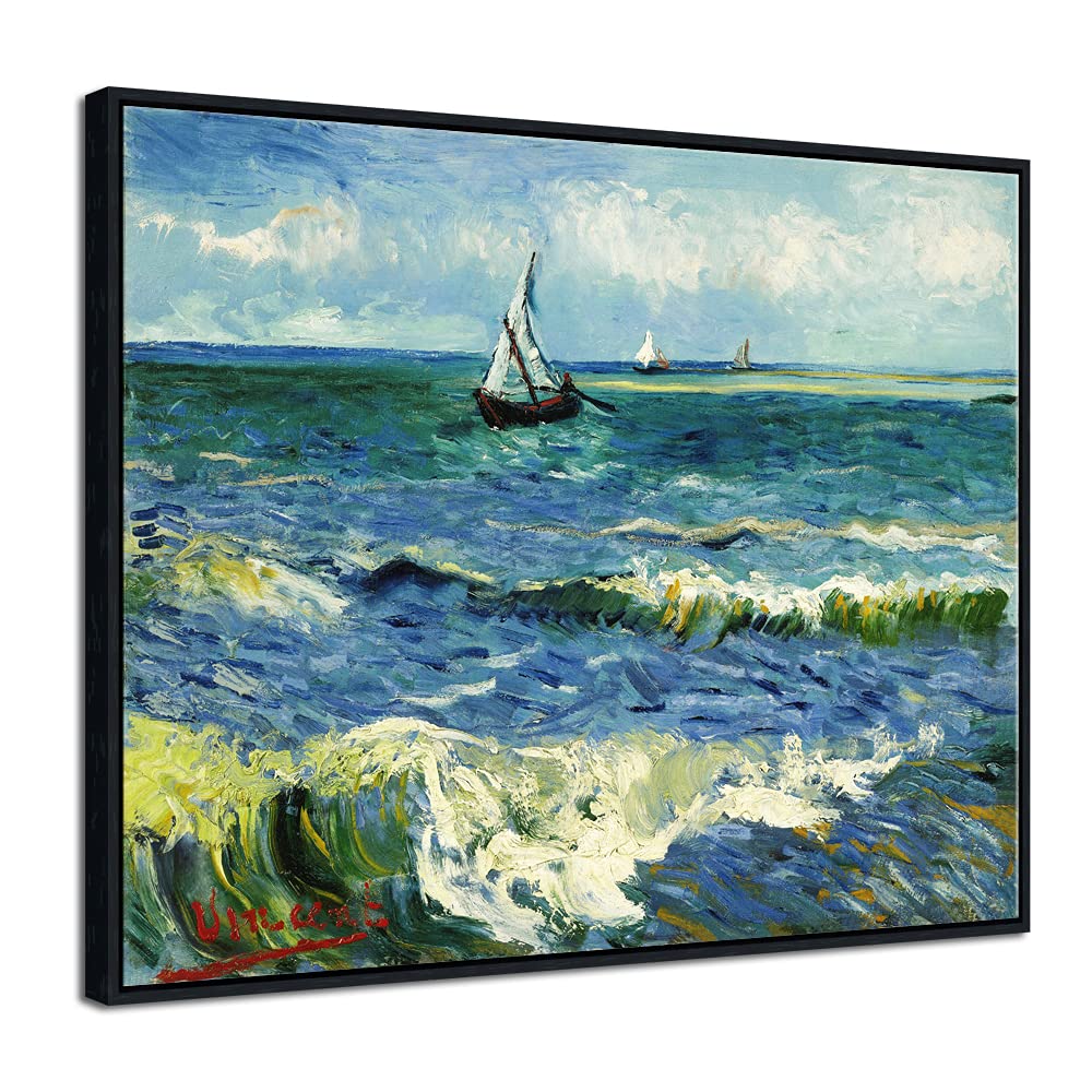 Photo 1 of Wieco Art Framed Art Prints Seascape at Saintes Maries by Vincent Van Gogh Modern Canvas Prints Sea Pictures on Canvas Wall Art for Living Room Home Decorations Black Frame 32x24inch (Framed)