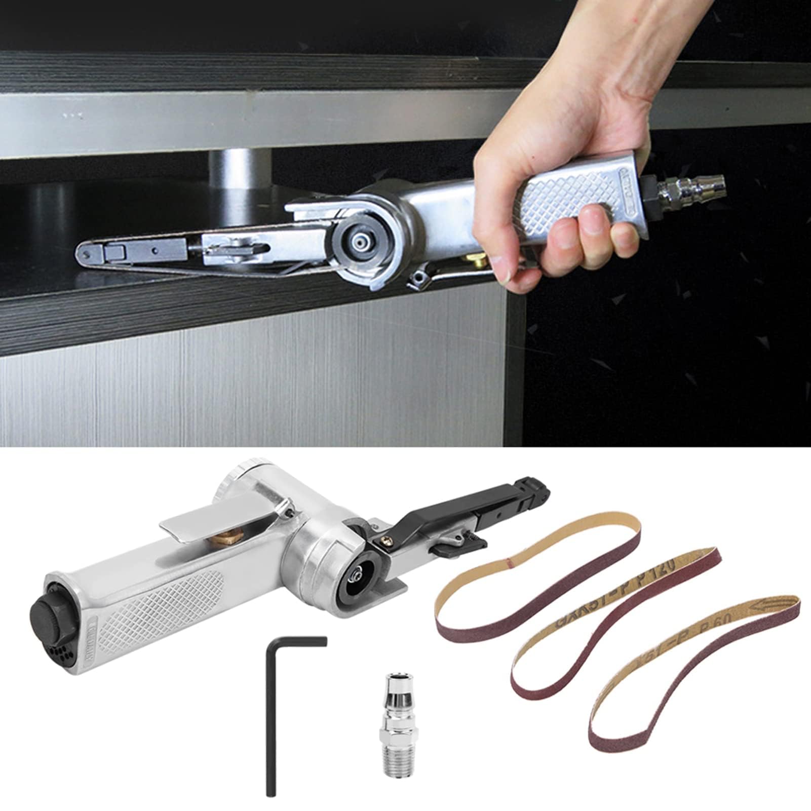 Lijadora de banda neumática de 10 mm, pulidora de aire con banda de lijado de 3 piezas para muebles, madera, vidrio, metal, 3/8 pulgadas, lijadora de bordes para lijar y pulir superficies