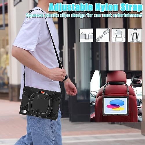 Vista 4 de Funda para iPad (A16) de 11 pulgadas 2025, Aslo para iPad 10 de 10.9 pulgadas 2022, funda resistente a prueba de golpes, soporte giratorio, soporte