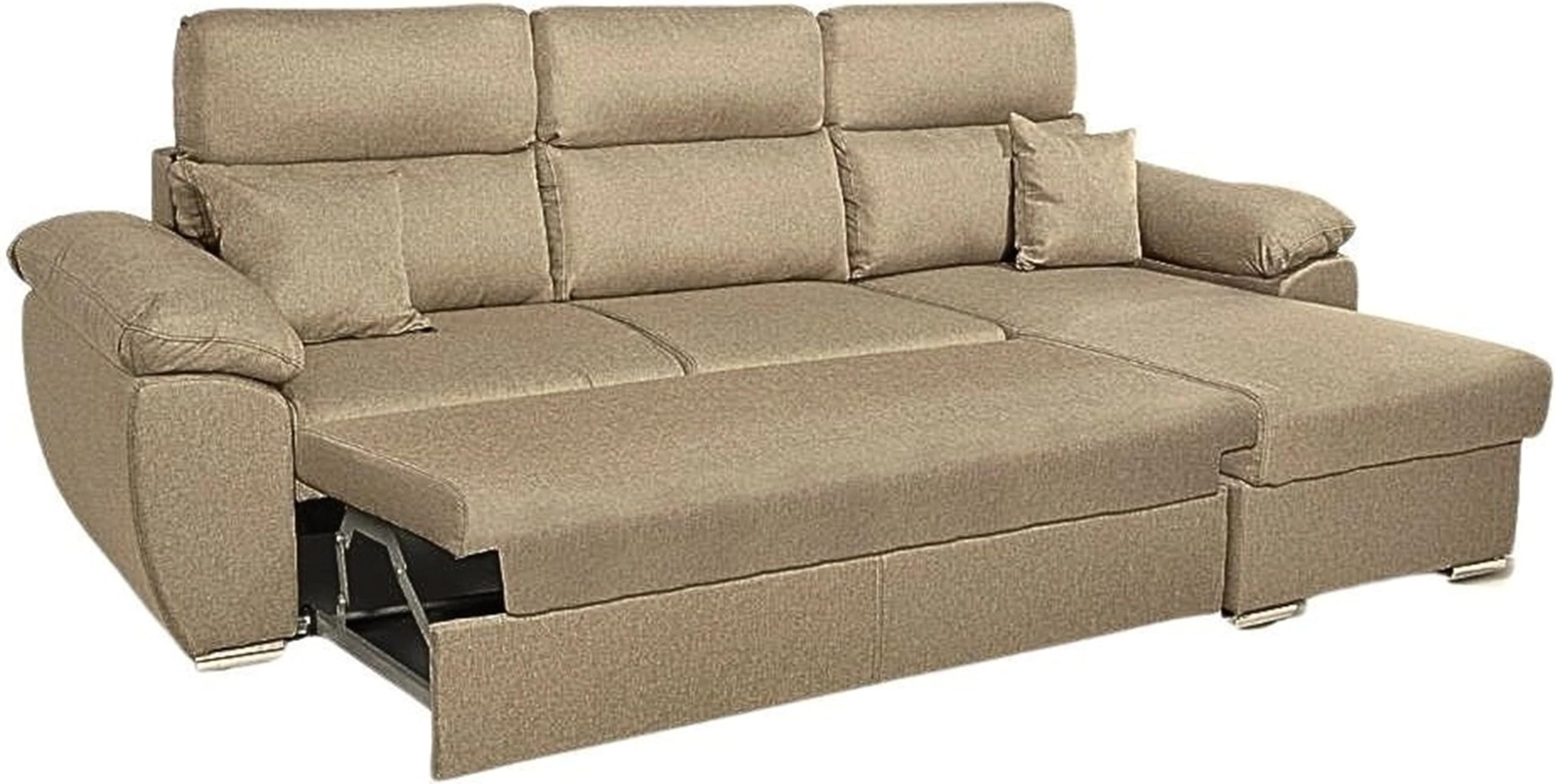 Divano Angolare 3 Posti Moderno con Chaise Longue Letto Estraibile in Tessuto Dimensioni 265x91-102x166 cm colore Cappuccino