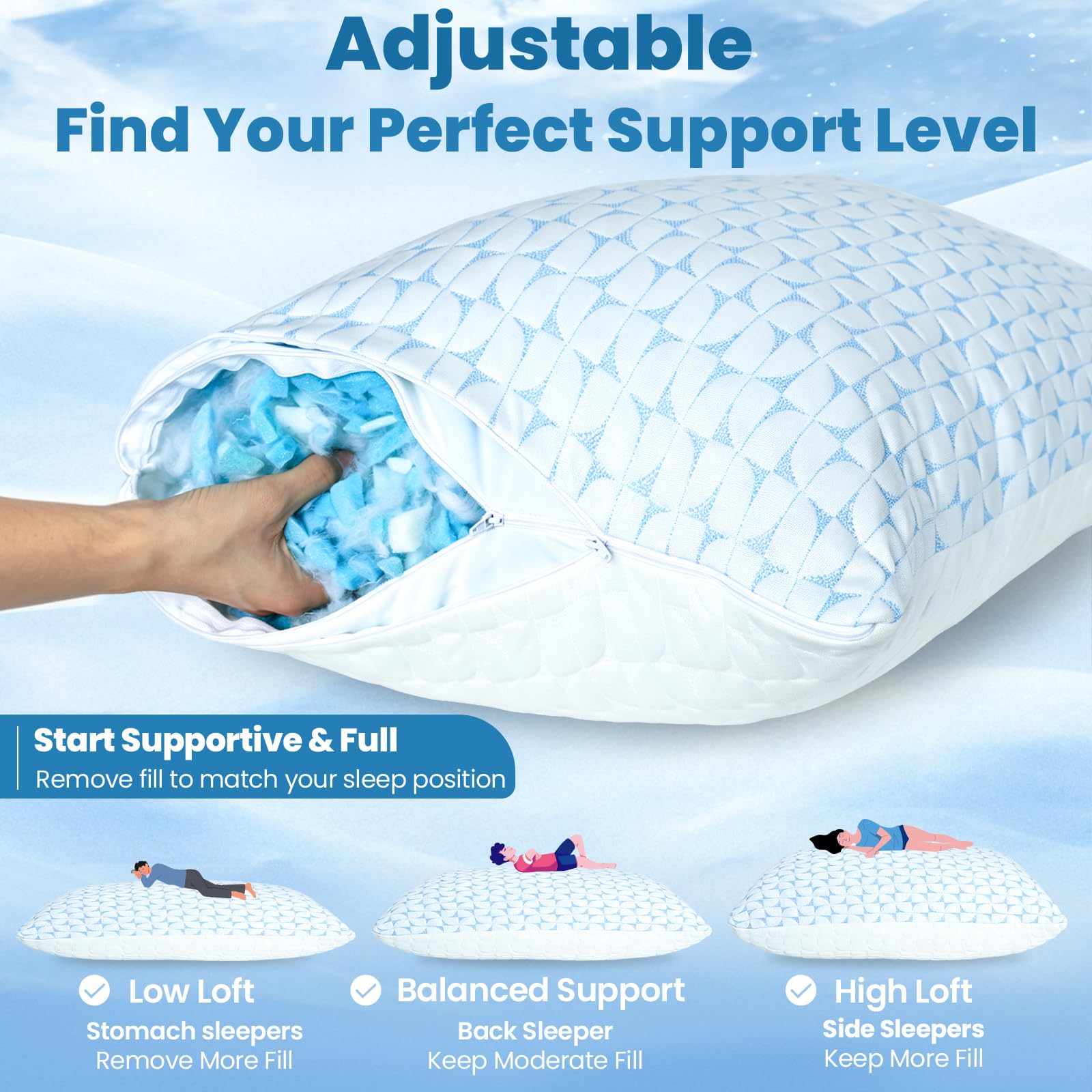 Qutool: Juego de 2 almohadas de espuma viscoelástica triturada, Queen, refrescantes, firmes y de apoyo para dormir en varias posiciones, con funda transpirable y lavable
