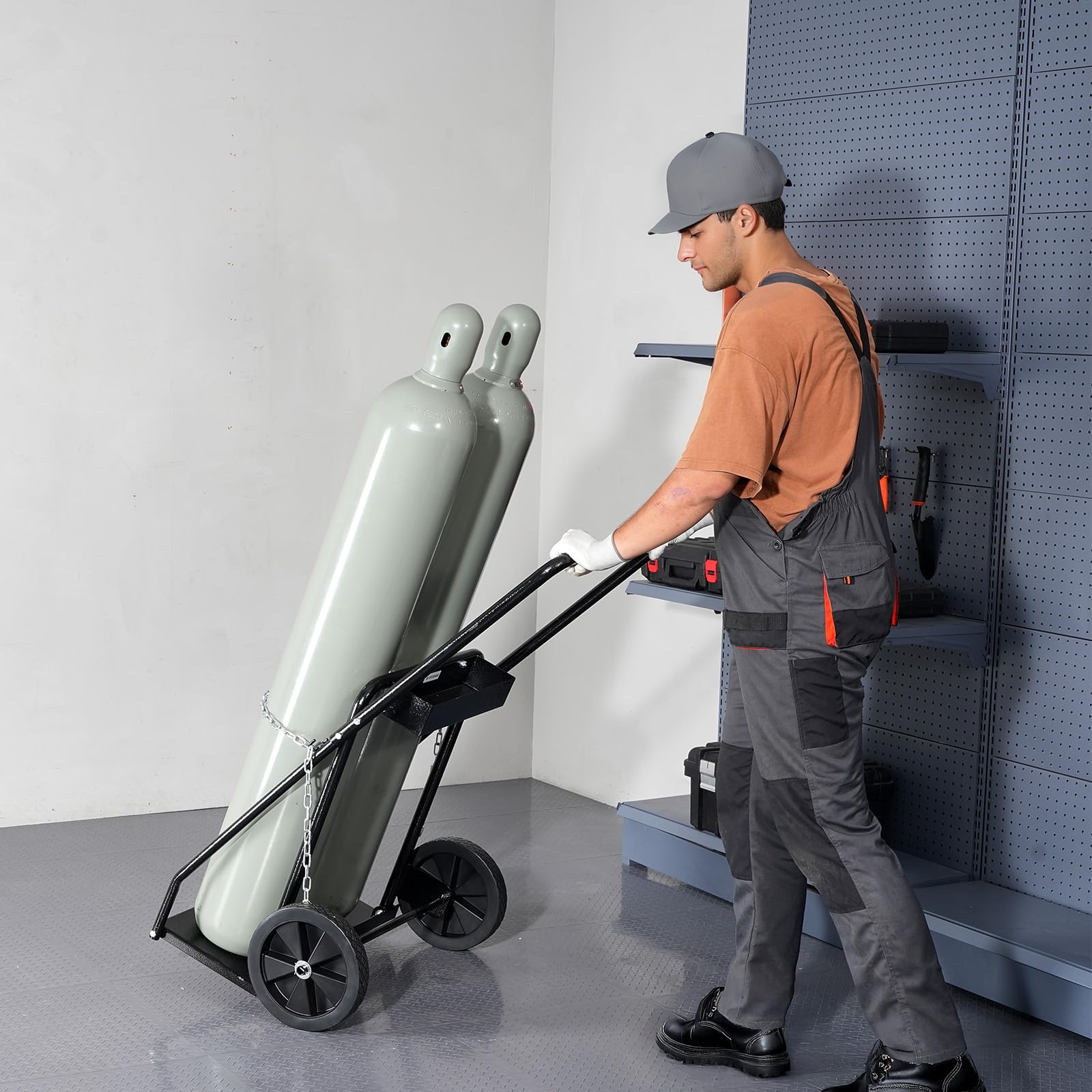 VEVOR Schweißflaschenwagen, Sauerstoff-Acetylen-Tankwagen mit 200 kg statischer Tragkraft, 25,4 cm Vollrädern & Sicherheitsketten zur Tanklagerung, für doppelte Gasflaschen mit 31,8 cm Durchmesser