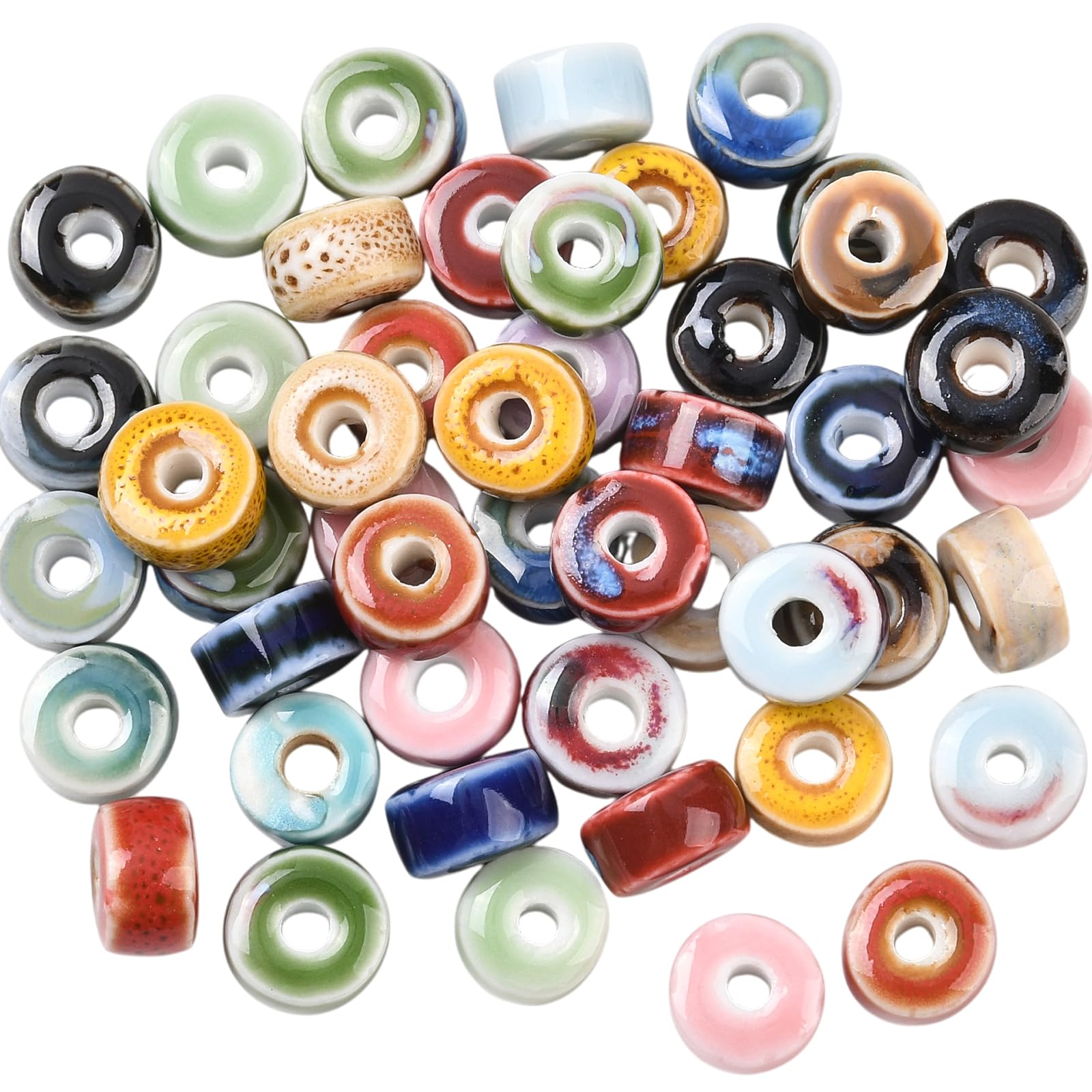 WEWAYSMILE 50Pcs 10mm Ceramic Beads for Jewelry Making Tire Shape Vintage Porcelain Beads Handmade Bright Glazed Large Hole Bead for DIY Bracelets Necklace Earrings Crafts