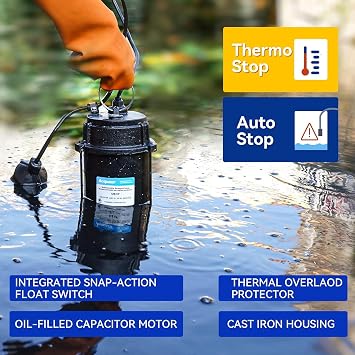1/2 HP Submersible Sewage Pump 6000 GPH Cast Iron Effluent Pump | Automatic Tethered Float Switch, 115V, 2'' NPT Discharge, Sump Pump for Sump Basin, Basement, Residential Sewage