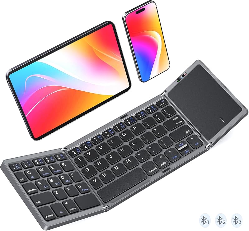 MEETION Foldable Bluetooth Keyboard with Touchpad, Slim Portable, Gray | Folding rechargeable keyboard with full-size keys, portable design for travel, compatible with iOS Android Windows laptop PC