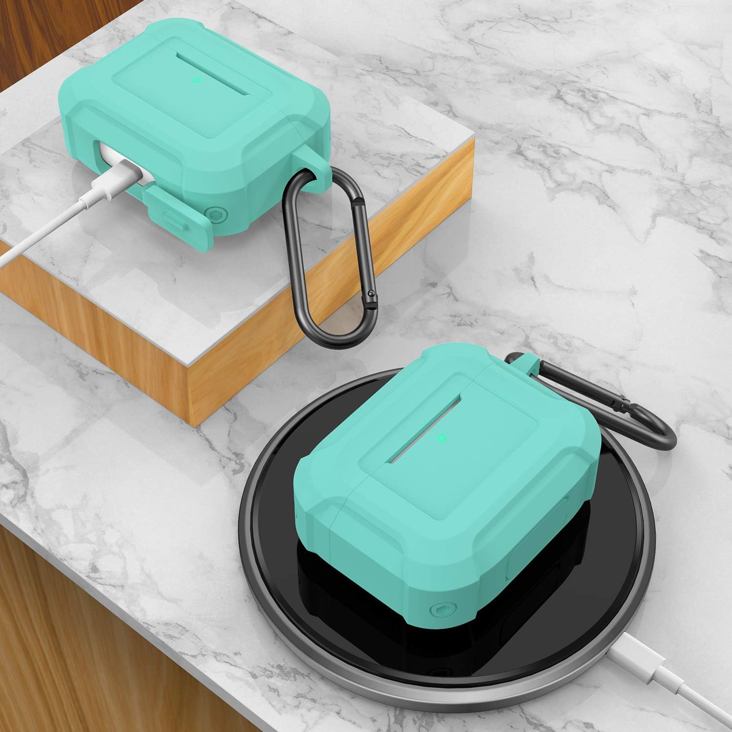 SATLITOG Silicone Case Designed for AirPods Pro Case, Full-Body Protective Silicone Cover with Carabiner for Apple AirPods Pro - Mint Green