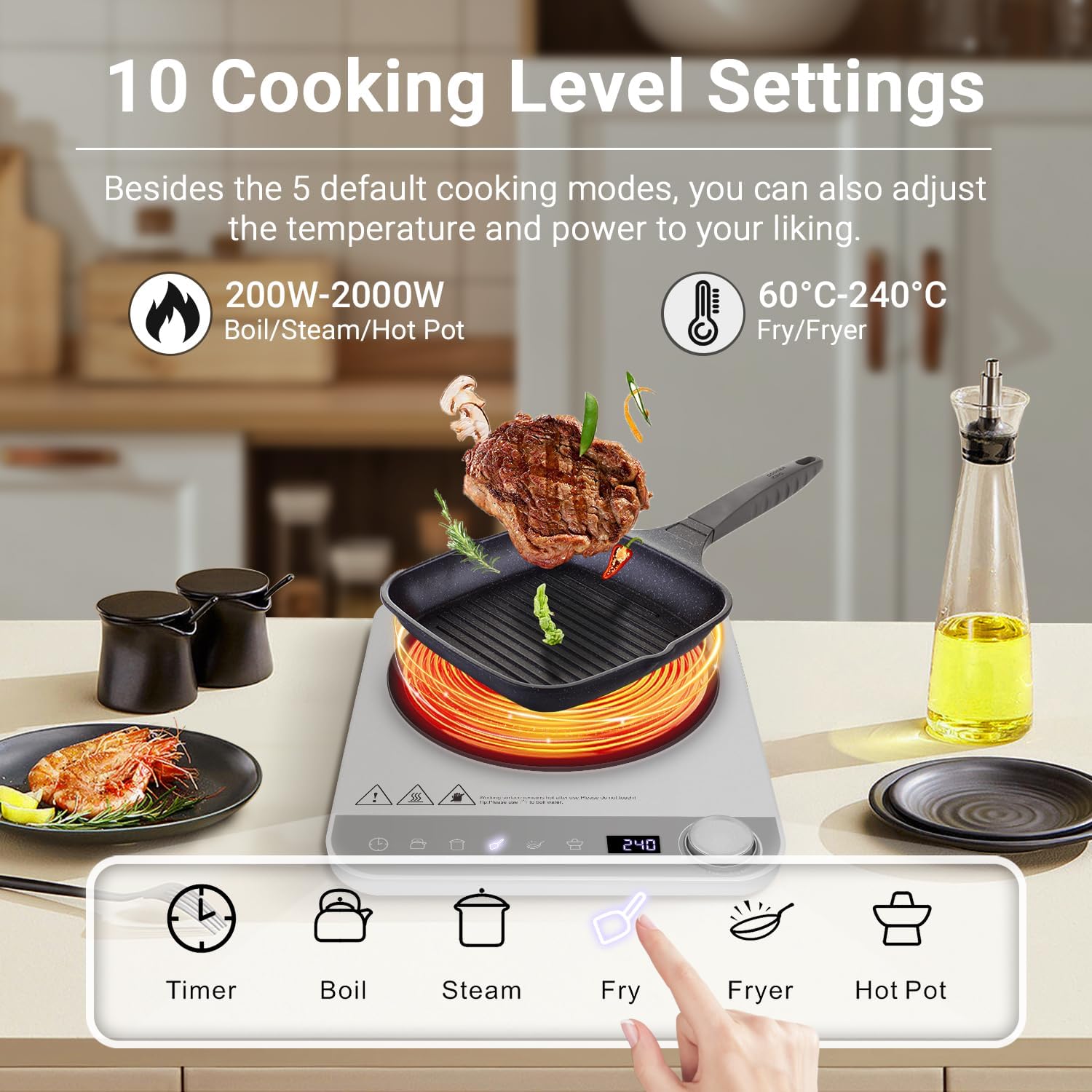 AMZCHEF Induction Cooktop showing 10 cooking level settings with various food examples