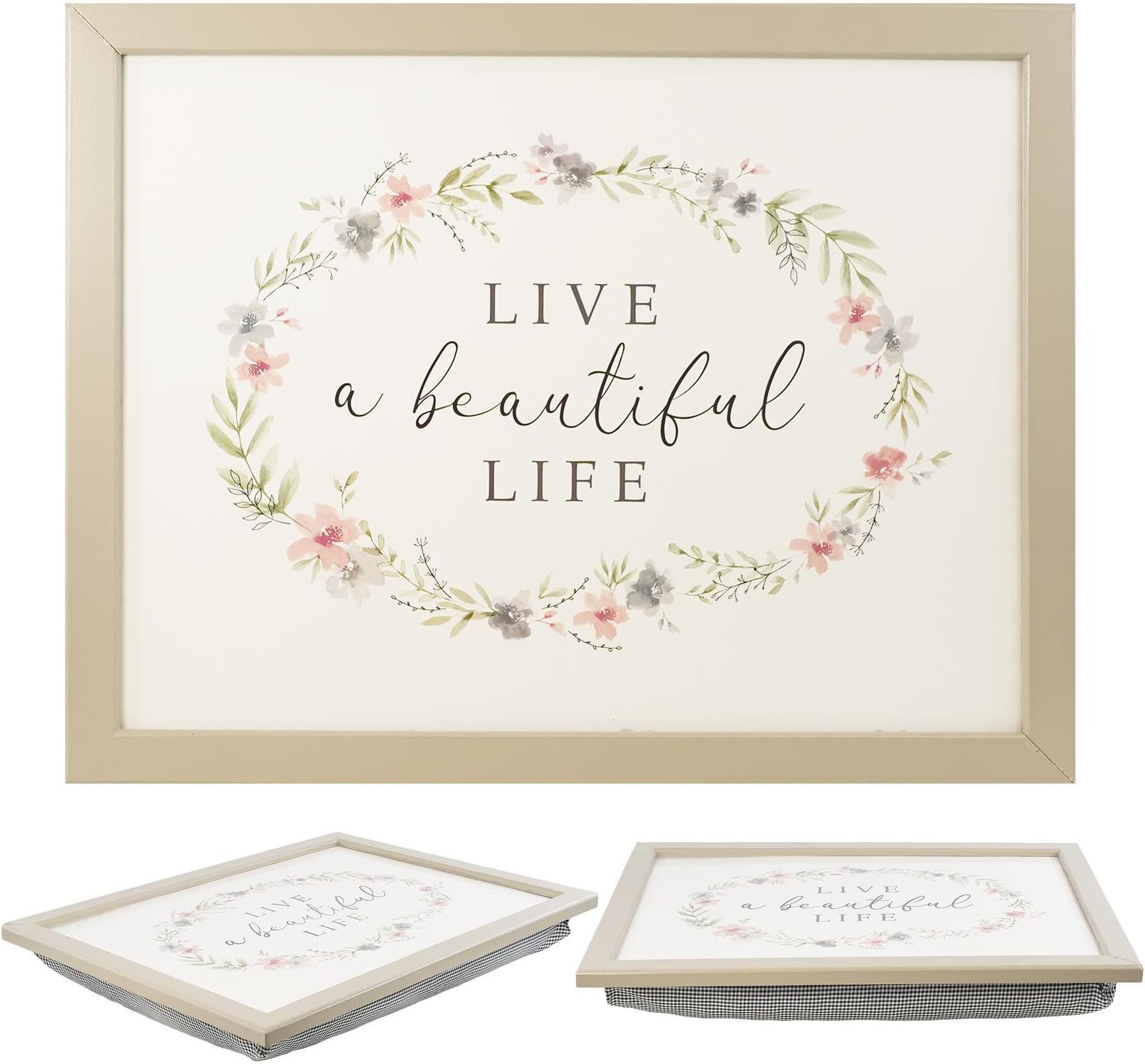 The Magic Toy Shop Wooden Lap Tray with Bean Bag Cushion - Large Padded Tray with Cushion for Kids and Adults - Perfect for Food, Work, Studies, TV, Sofa, Bed (Beautiful Life)