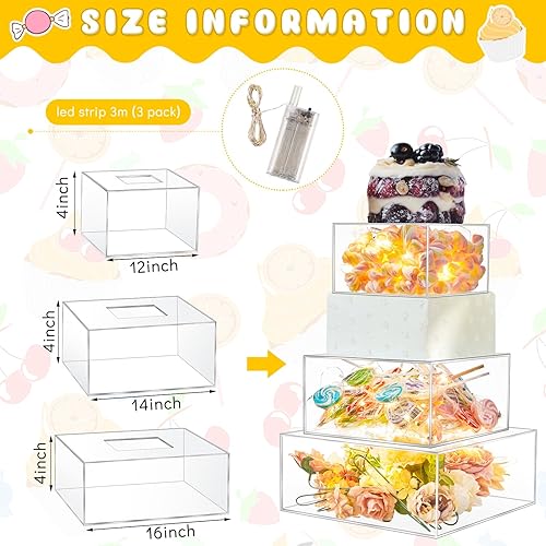 Miniatura 2 de 3 soportes cuadrados de acrílico para tartas, 3 niveles, transparente, rellenable, con cadena de luces LED, soporte para cupcakes con tapa para