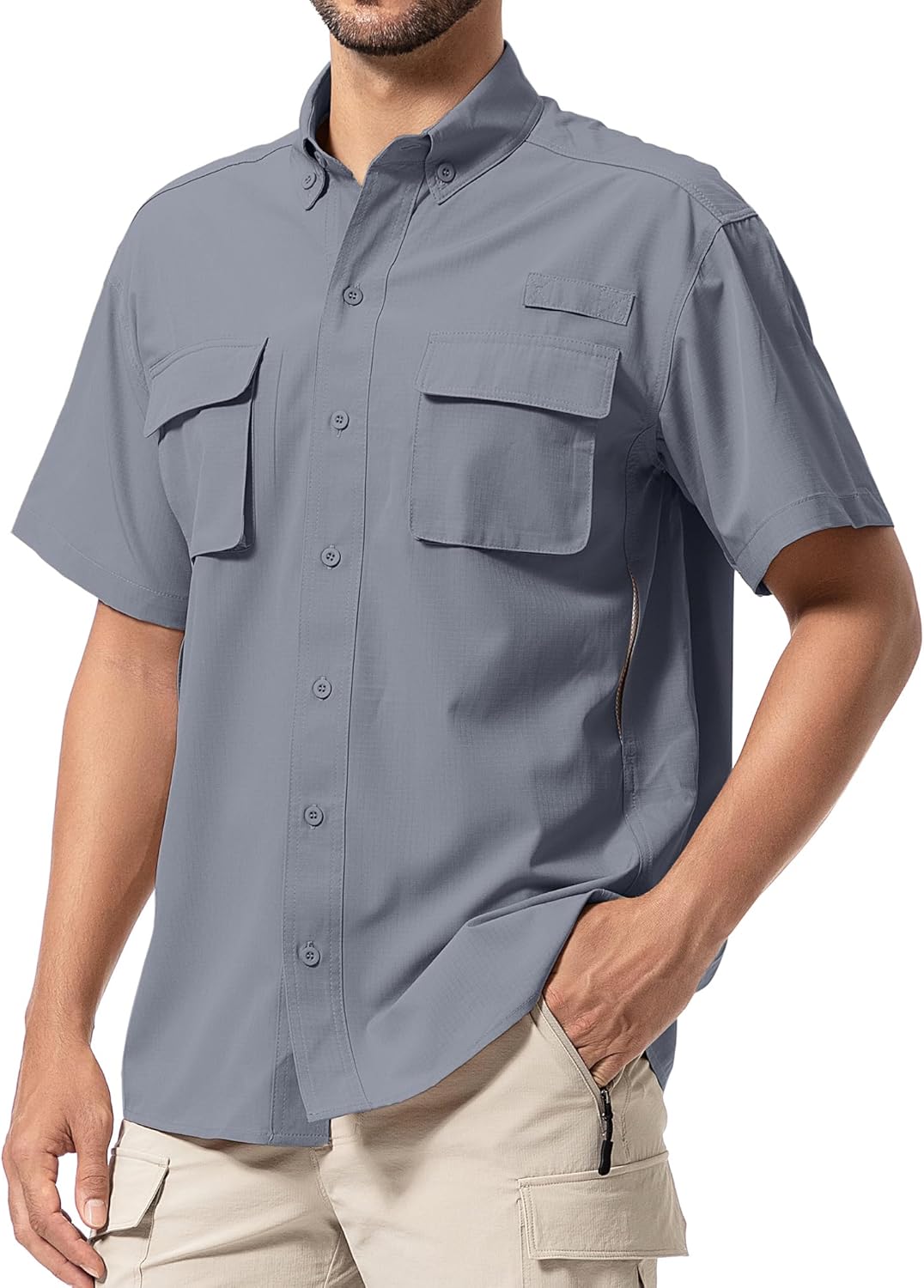 Mens UPF 50+ Sun Protection Short Sleeve Quick Dry Fishing Safari Hiking Shirt with Zipper Pocket Lightweight Cooling