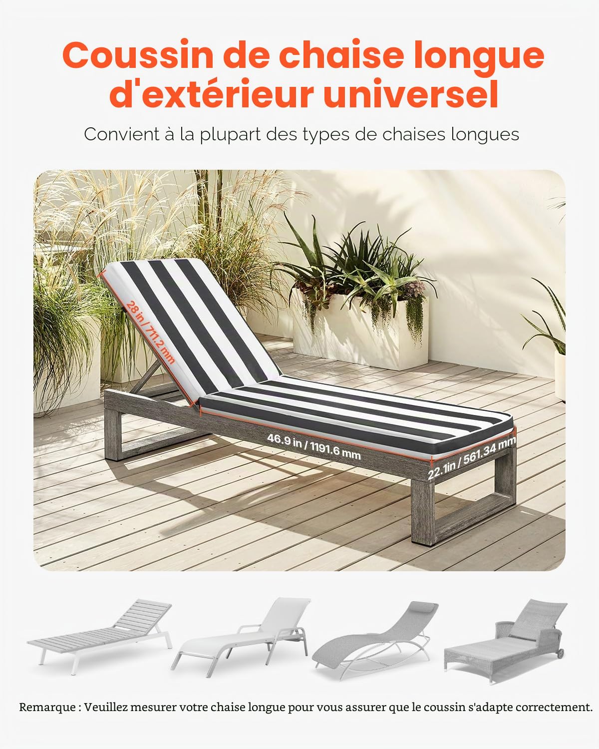 VEVOR Coussin de Bain de Soleil, 189 x 56 cm, Coussin de Chaise Longue Jardin, Lot de 2, Imperméable Épais Résistant Décoloration, avec Attaches, pour Terrasse, Patio, Bord Piscine, Rayure Noir Blanc