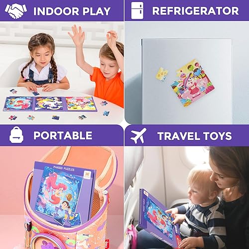 Miniatura 7 de Rompecabezas magnéticos para niños de 1 a 3 años, rompecabezas con imán de sirena de dibujos animados 3 en 1, rompecabezas de viaje para niños,