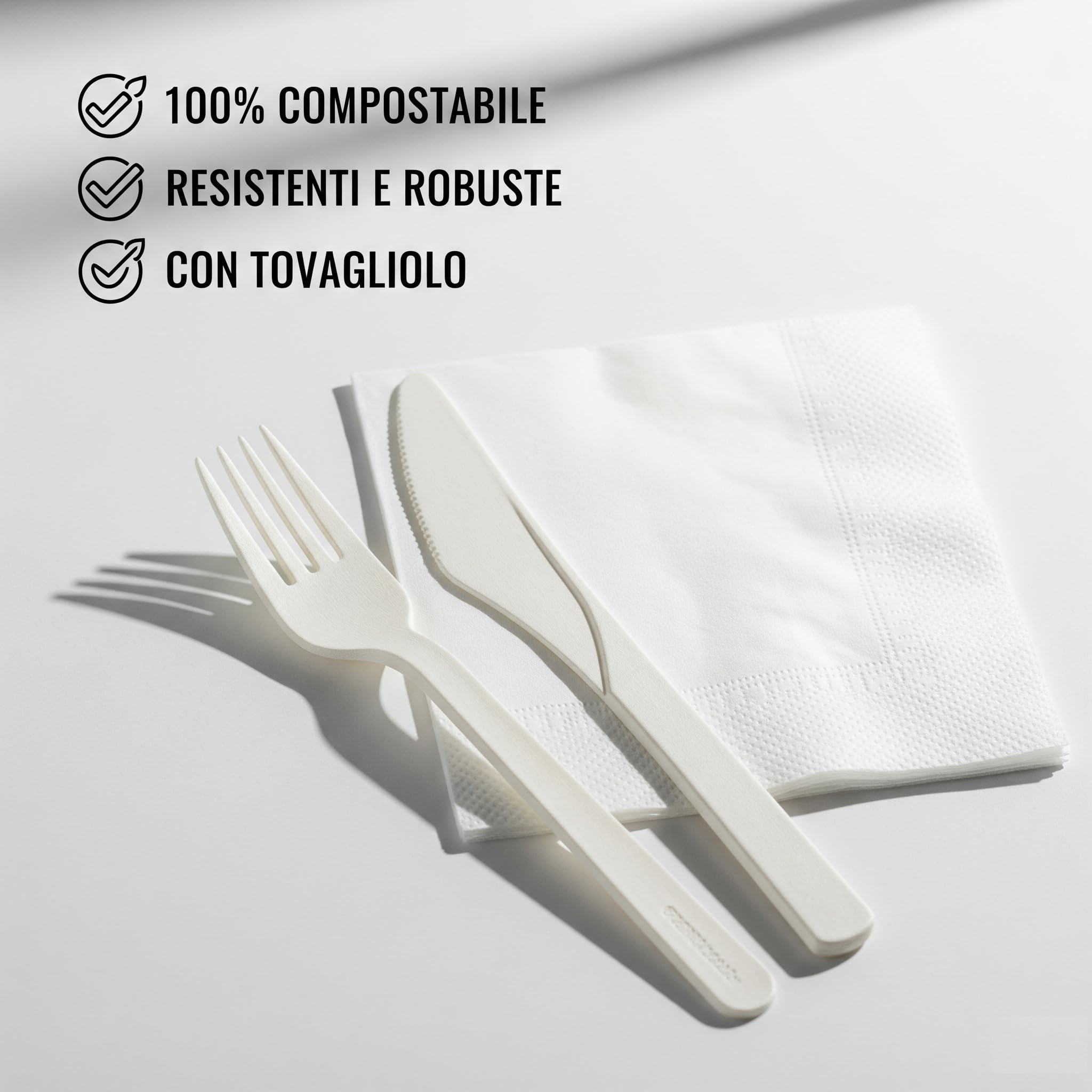 HYPER form Set Posate Biodegradabili e Compostabili con Forchetta e Coltello, imbustato singolarmente con Tovagliolo, Bis 100 Pezzi, Made in Italy (100)