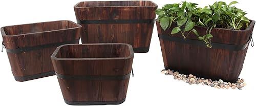 Miniatura 2 de Leisure Season BREP109 - Macetas rectangulares de madera estilo barril, color marrón oscuro, juego de 4 unidades, madera de cedro y ciprés, jardín