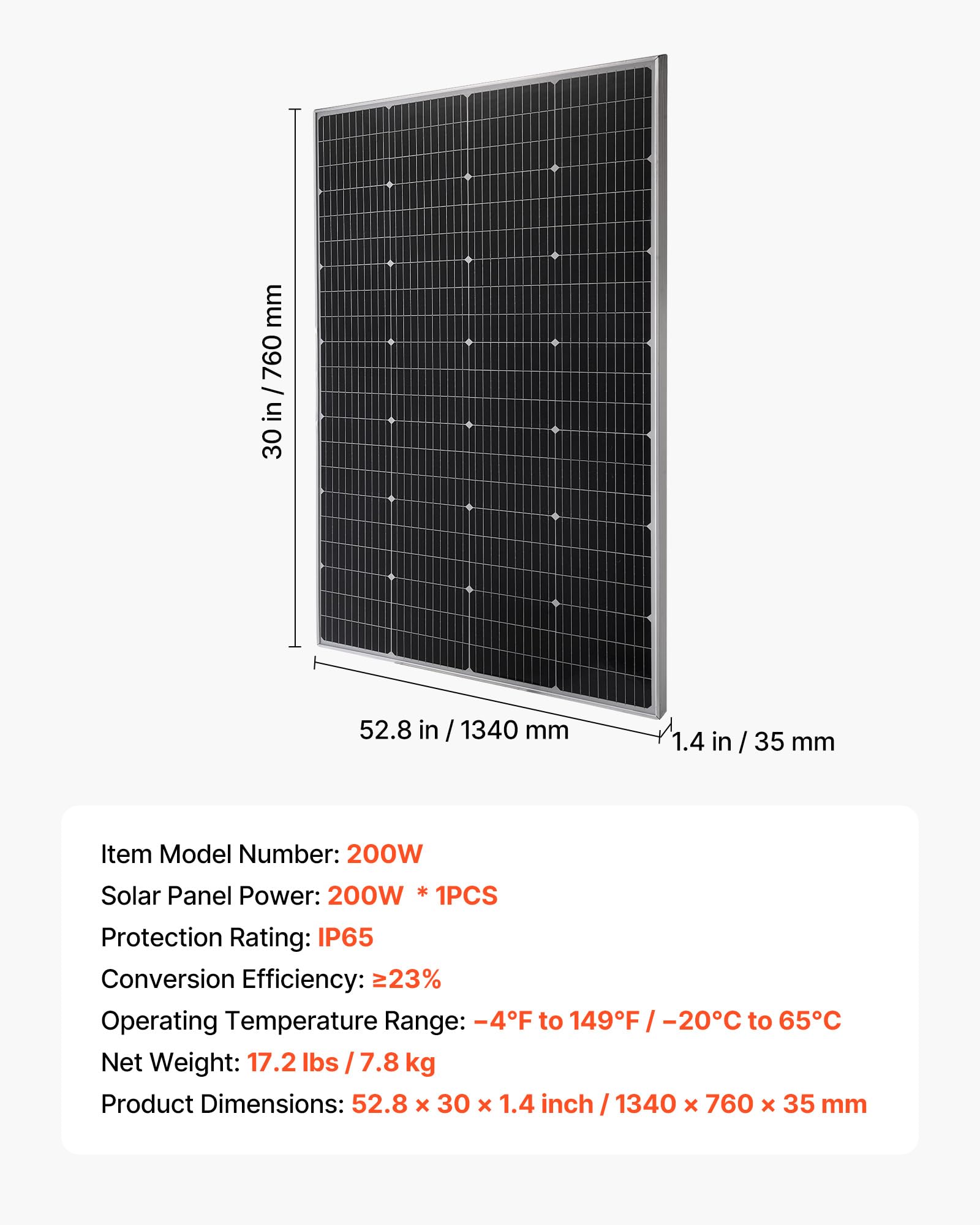 VEVOR Panneau Solaire Monocristallin 200 W Panneau Photovoltaïque Haut Rendement 23% pour Hors Réseau Toit Plat Voiture, Bateau, Camping-car, avec Sortie MC4 Stable, Cadre en Aluminium, Étanche IP65