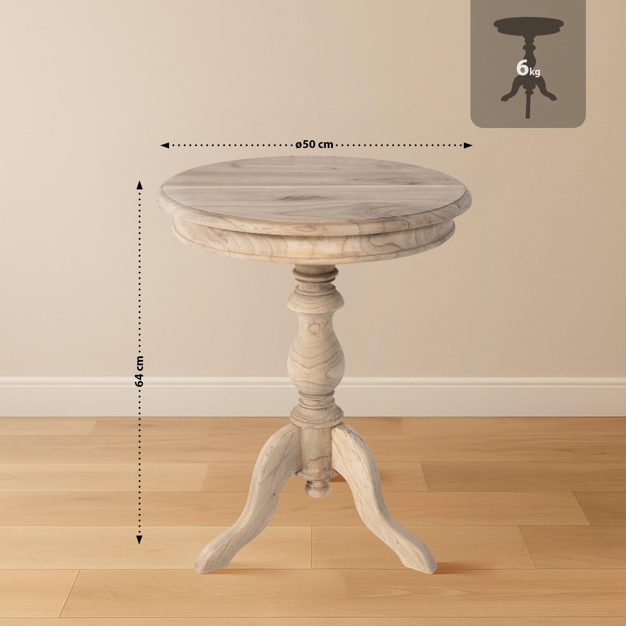 CLP Table d'appoint Wiva en Bois Rond, Table de Salon de 50 cm de diamètre pour Salle de séjour et Salle à Manger, Bois de Mindi, Couleur:Nature