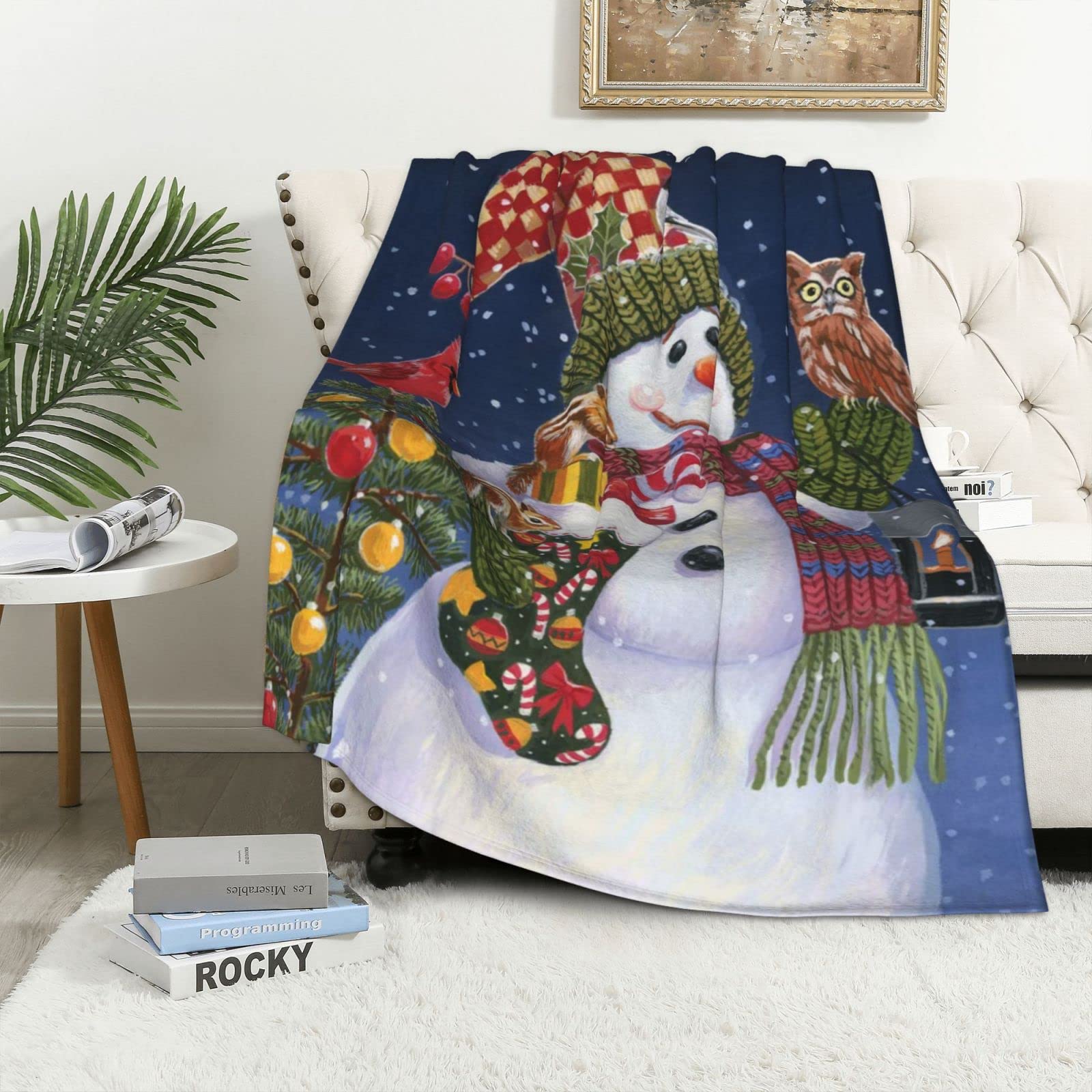 Plaid bonhomme de neige en flanelle de Noël pour cocooning canapé et lit