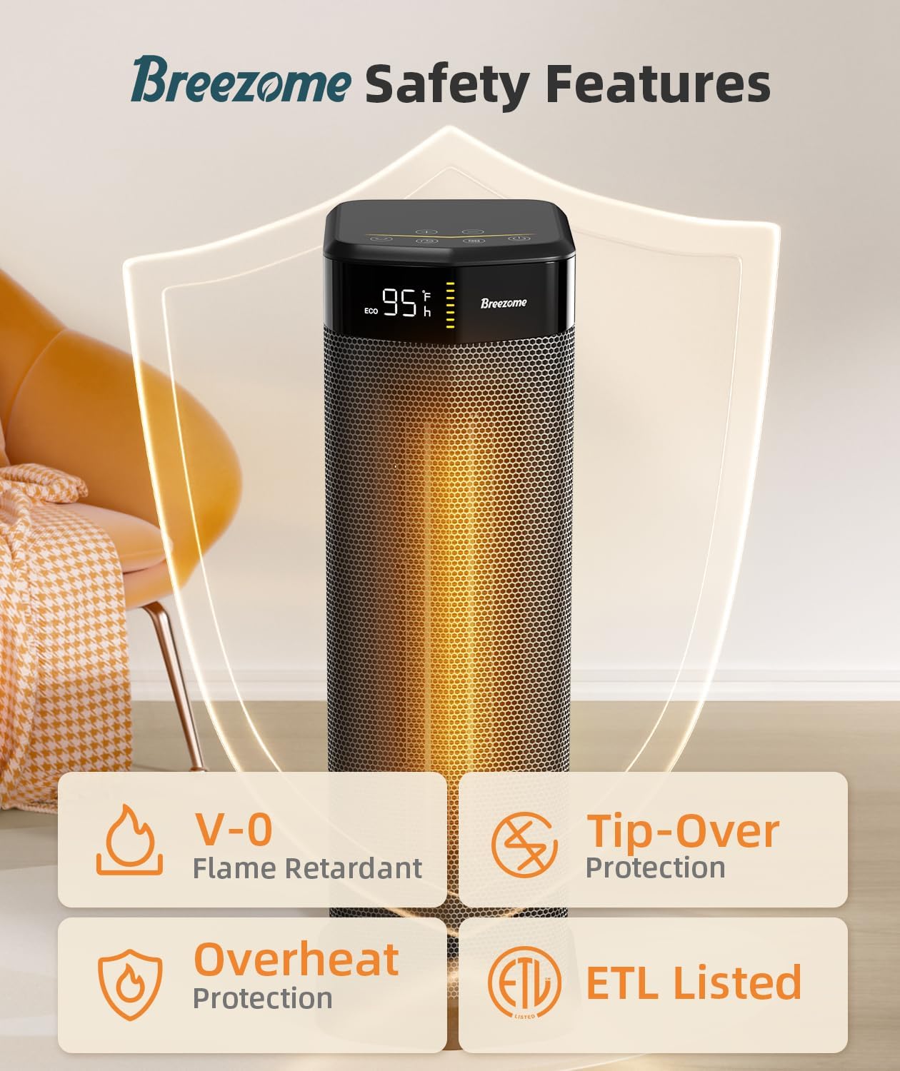 BREEZOME Space Heater for Indoor Use, 1500W Fast Heating Electric Heater with Thermostat & 24H Timer, 90°Oscillating PTC Ceramic Heater, Portable Room Heaters for Home Bedroom Office, Dark Grey