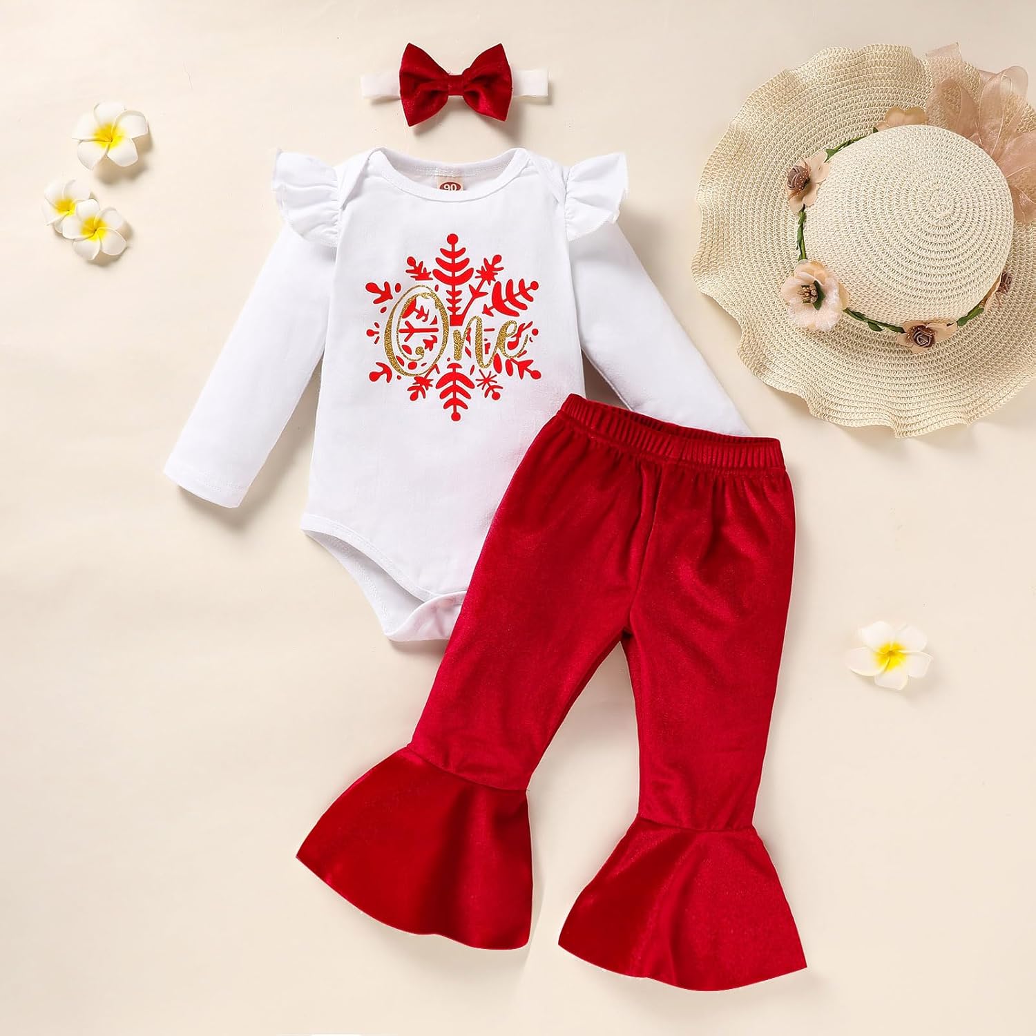 Viworld Baby Girl Birthday Clothes Snowflake First One Romper+Velvet Flared Pants-Hairband 3Pcs Cake Smash Outfits - Image 2