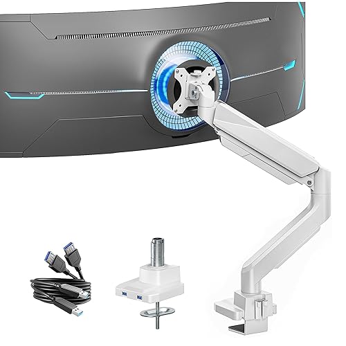 ARES WING Monitor Halterung mit USB A/C für 17"-45" Flach Curved Bildschirm, Höhenverstellbar Bildschirmhalterung, Monitor Arm Tragfähigkeit Max 18 kg, 75/100mm Vesa-Halterung, Tischhalterung Weiß - Weiß