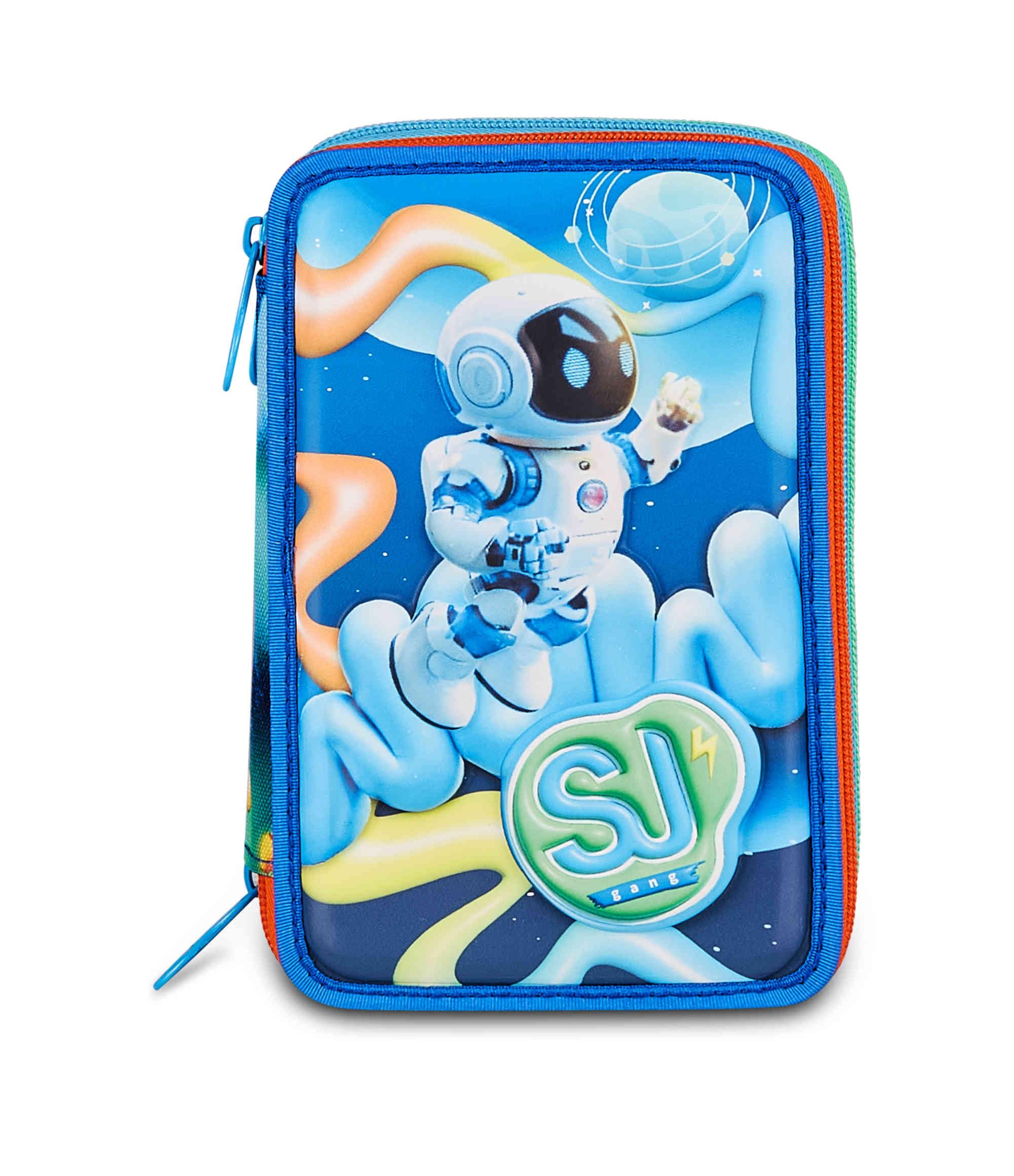 SJ GANG STYLE JAM GANG Astuccio Scuola 3 Zip 3D SPACE RIDE, Blu, Triplo Scomparto, Scocca con astronauta in rilievo, Portapenne Attrezzato, 45 pezzi, Accessori Zaino, Scuola elementare, Bambino