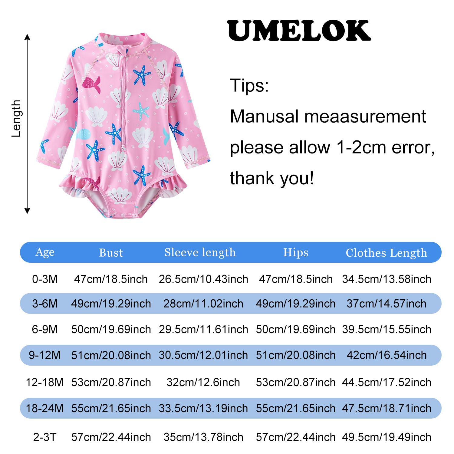 UMELOK Costume da bagno intero da bambina, a maniche lunghe, con protezione solare UPF 50+