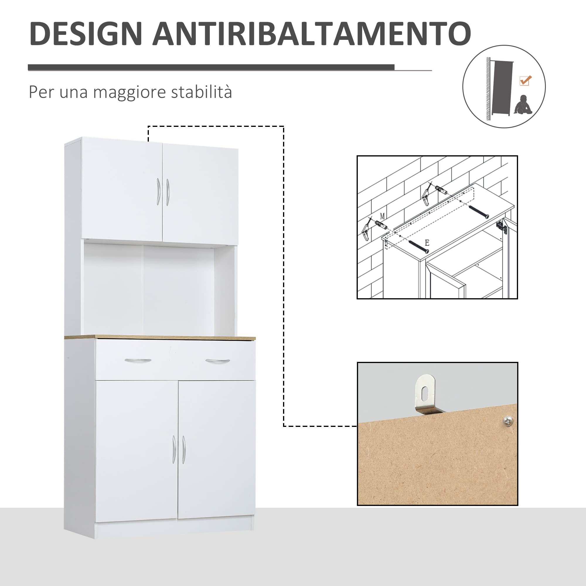 HOMCOM Mobile Cucina Alto 180cm con Armadietti a 2 Ante e Cassetto, Credenza Alta da Cucina in Legno con Ripiani Regolabili, per Cucina, Sala da Pranzo e Soggiorno, 80x40x180 cm, Bianco