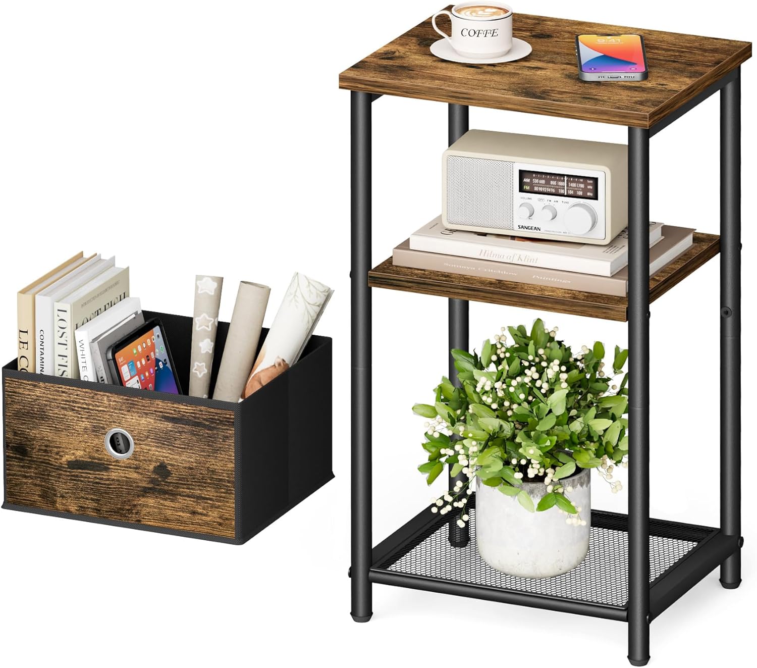 KIMBORA 3 Tier Small Side Table with Storage Basket, Living Room End Tables for Small Space, Bedside Nightstand for Bedroom, Sofa Couch, Rustic Brown and Classic Black
