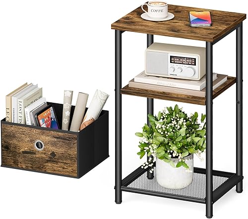 KIMBORA Mesa auxiliar pequeña de 3 niveles con cesta de almacenamiento, mesas auxiliares de sala de estar para espacios pequeños, mesita de noche