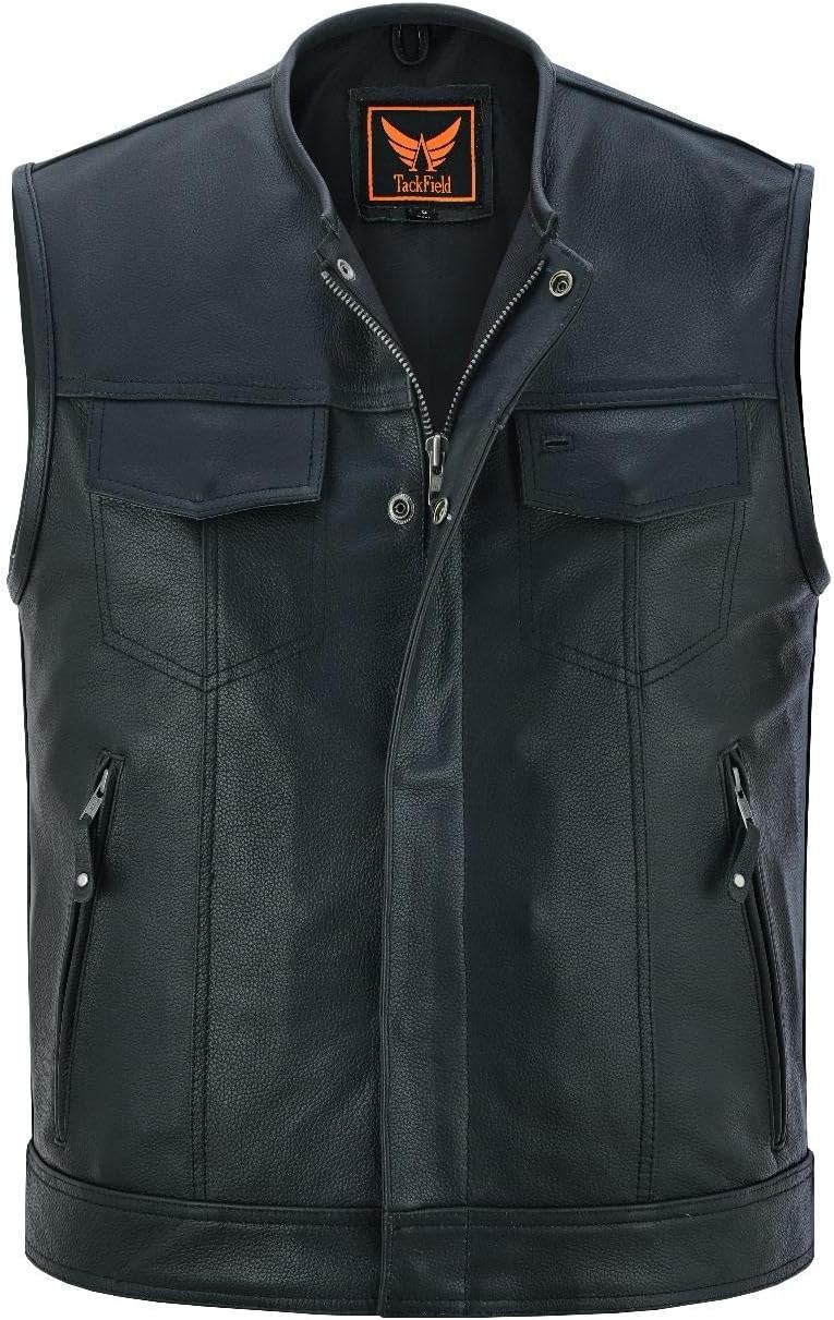 Mens Top Grain Cowhide Collar Less Leather Heavy Duty Hardware Classic Biker Motorcycle Leather Vest